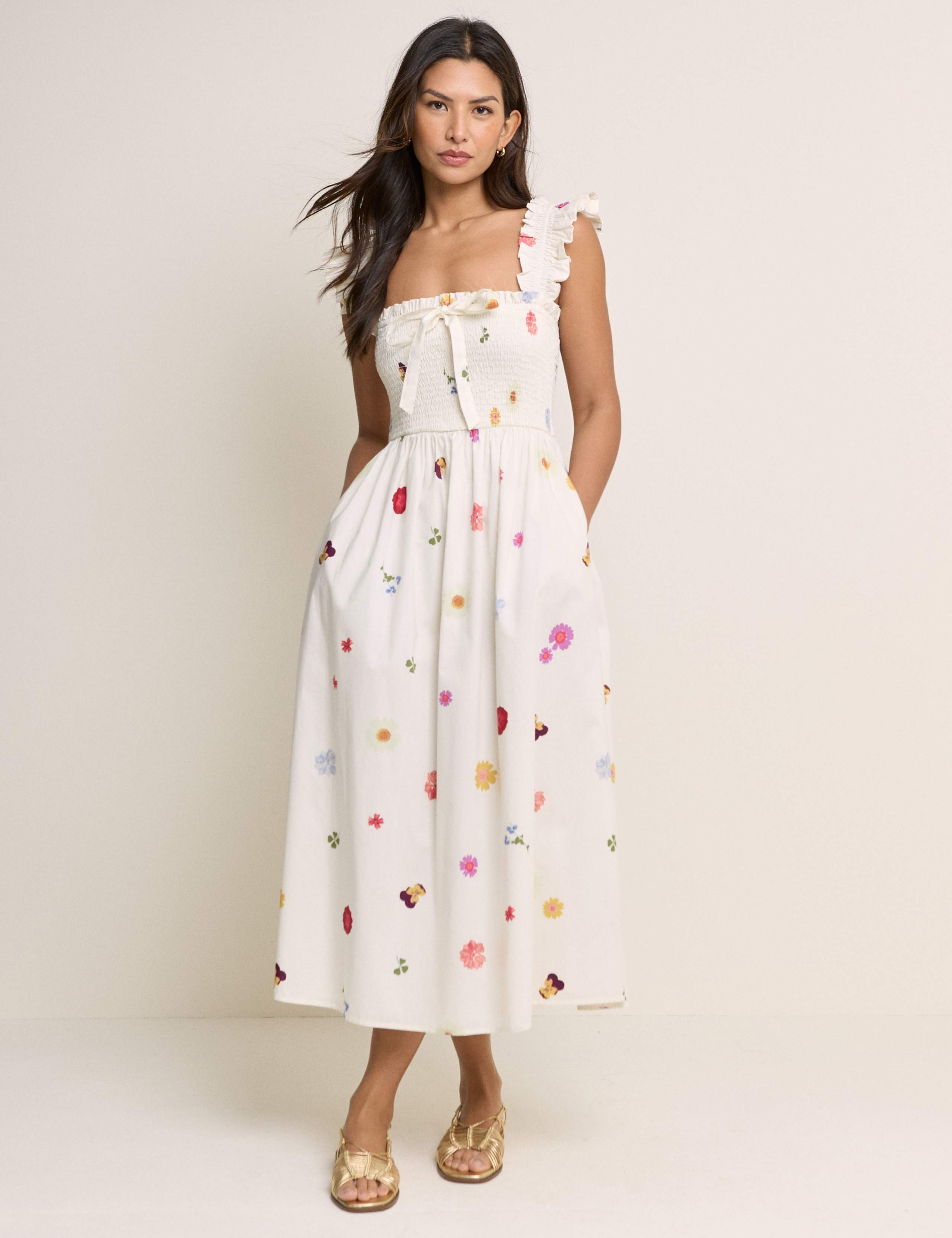 Pure Cotton Floral Midi Shirred Dress 1 of 5