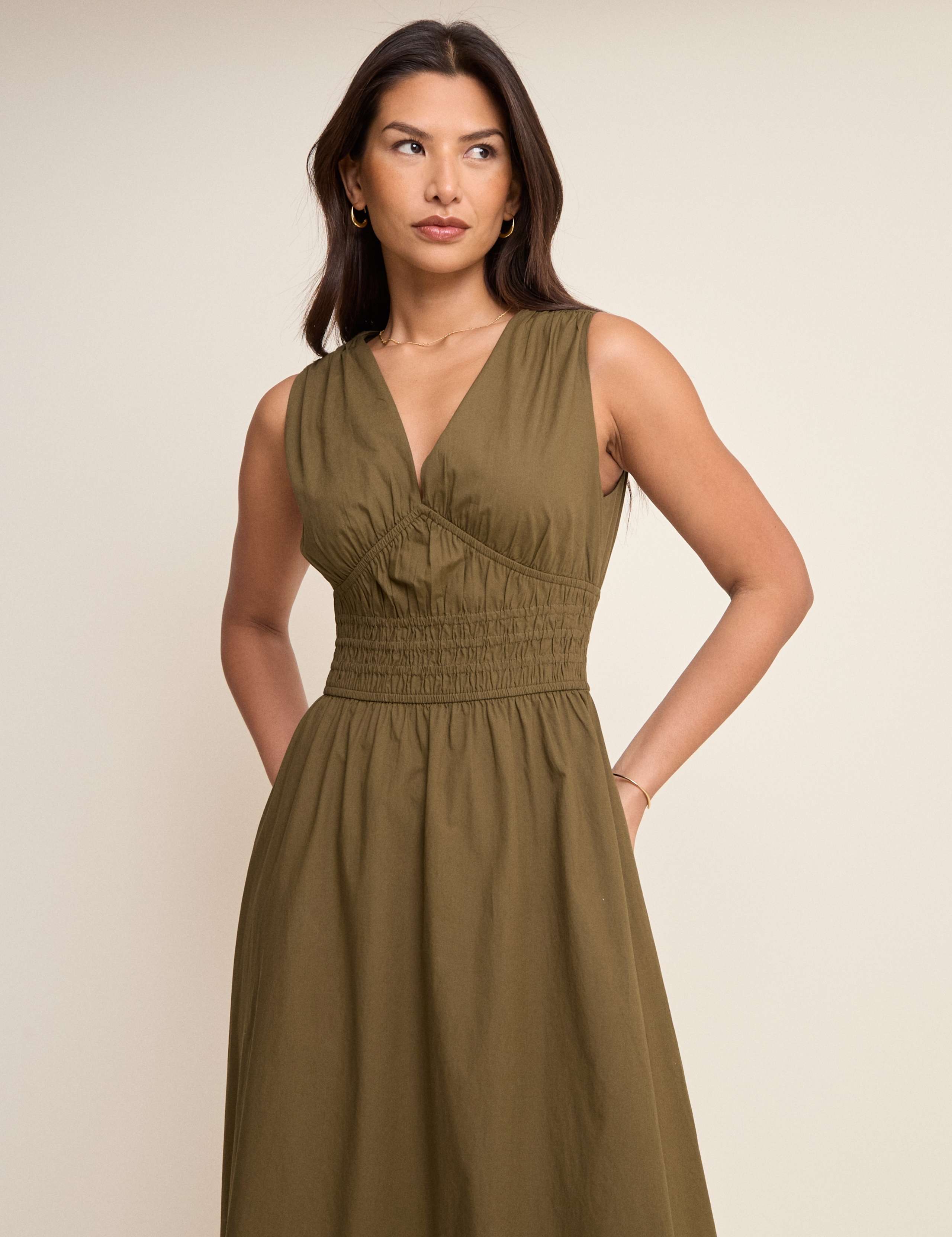 Pure Cotton V-Neck Midi Waisted Dress 4 of 5