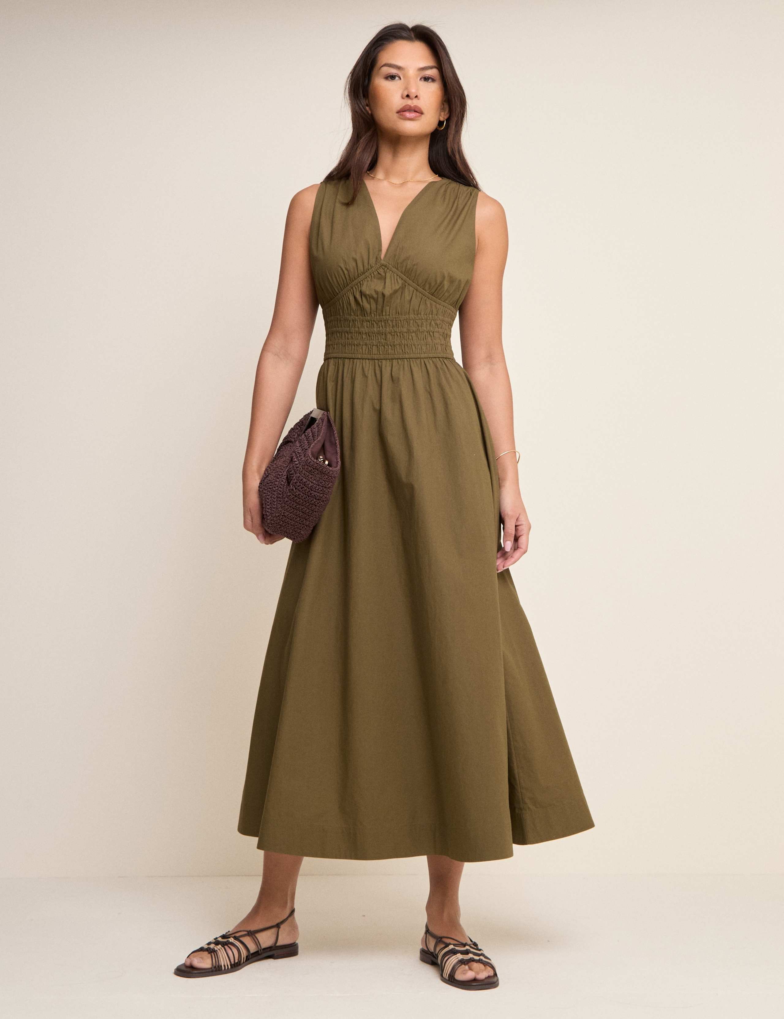Pure Cotton V-Neck Midi Waisted Dress 5 of 5