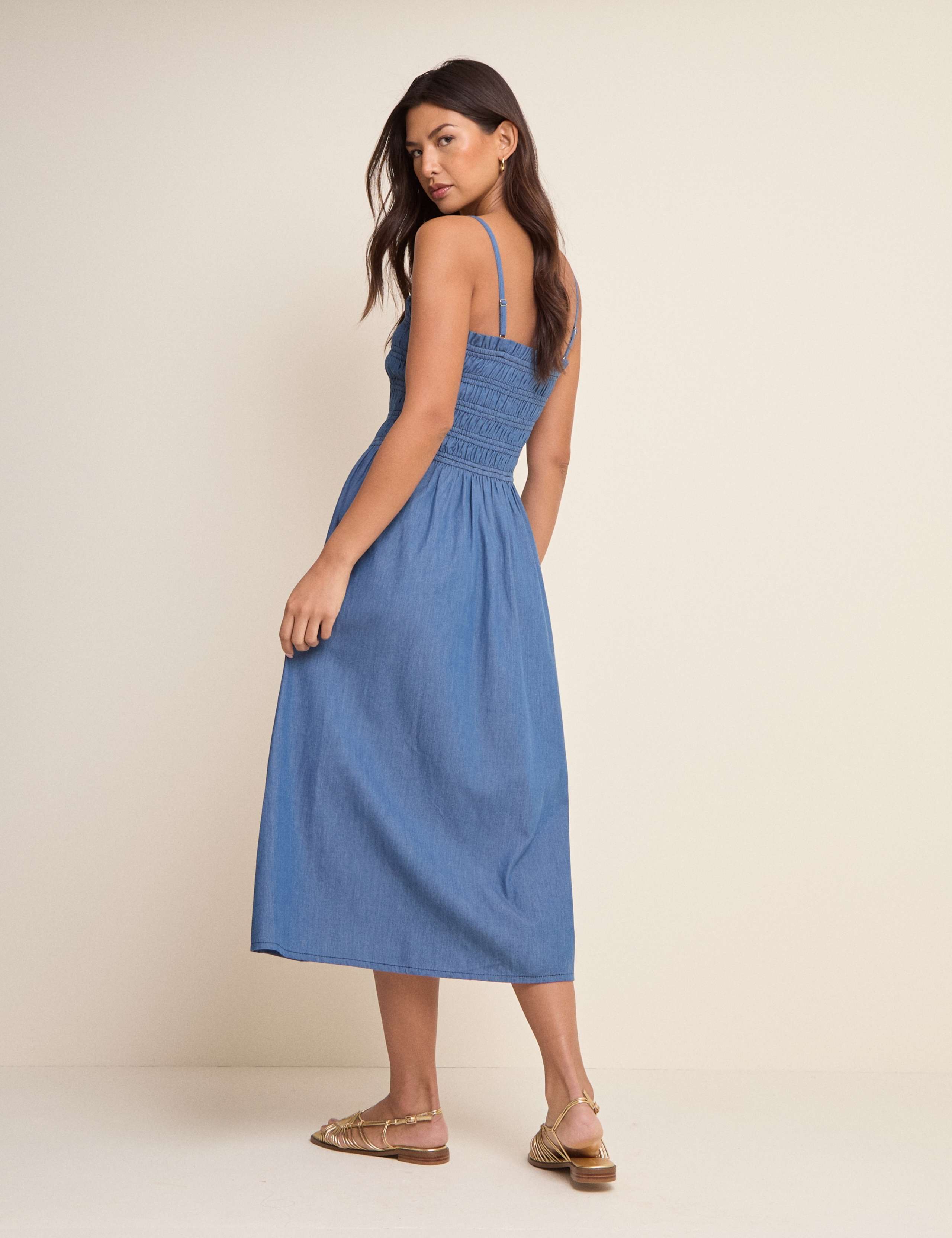 Denim Square Neck Midi Shirred Dress 3 of 5