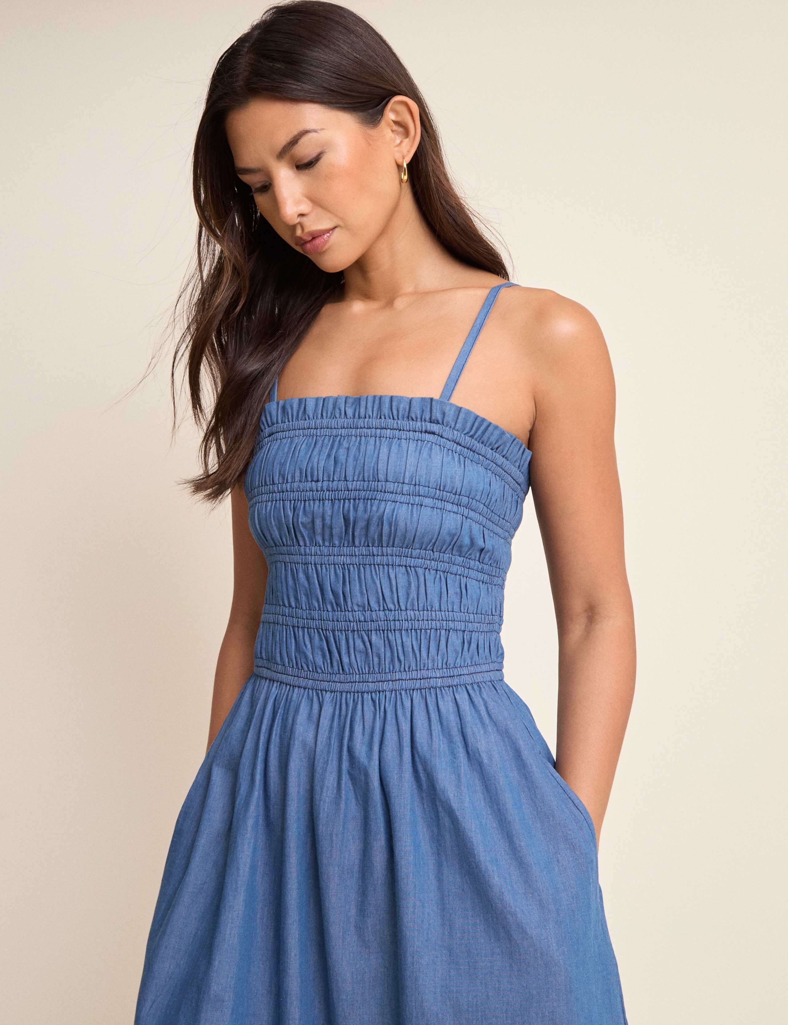 Denim Square Neck Midi Shirred Dress 4 of 5