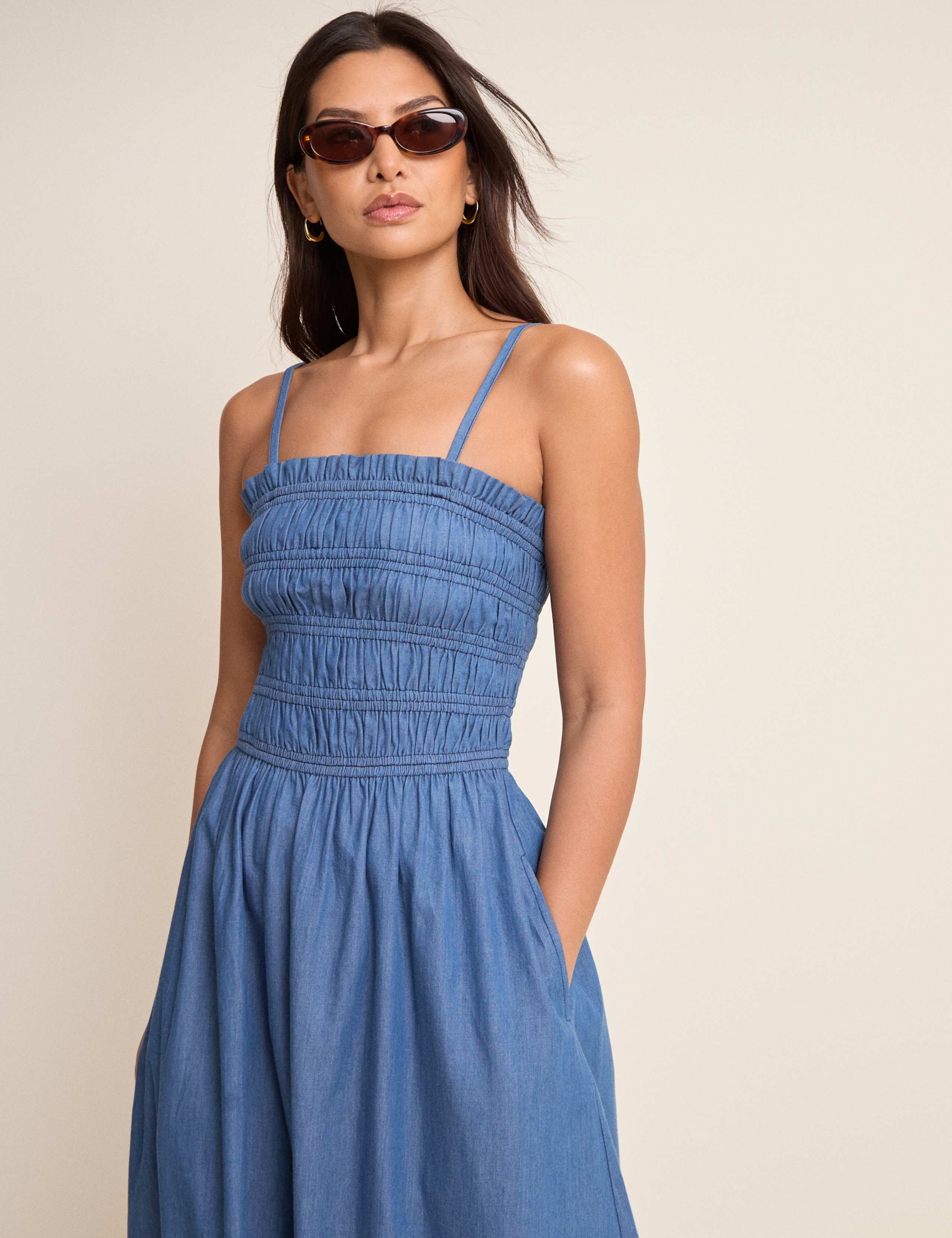 Denim Square Neck Midi Shirred Dress 5 of 5