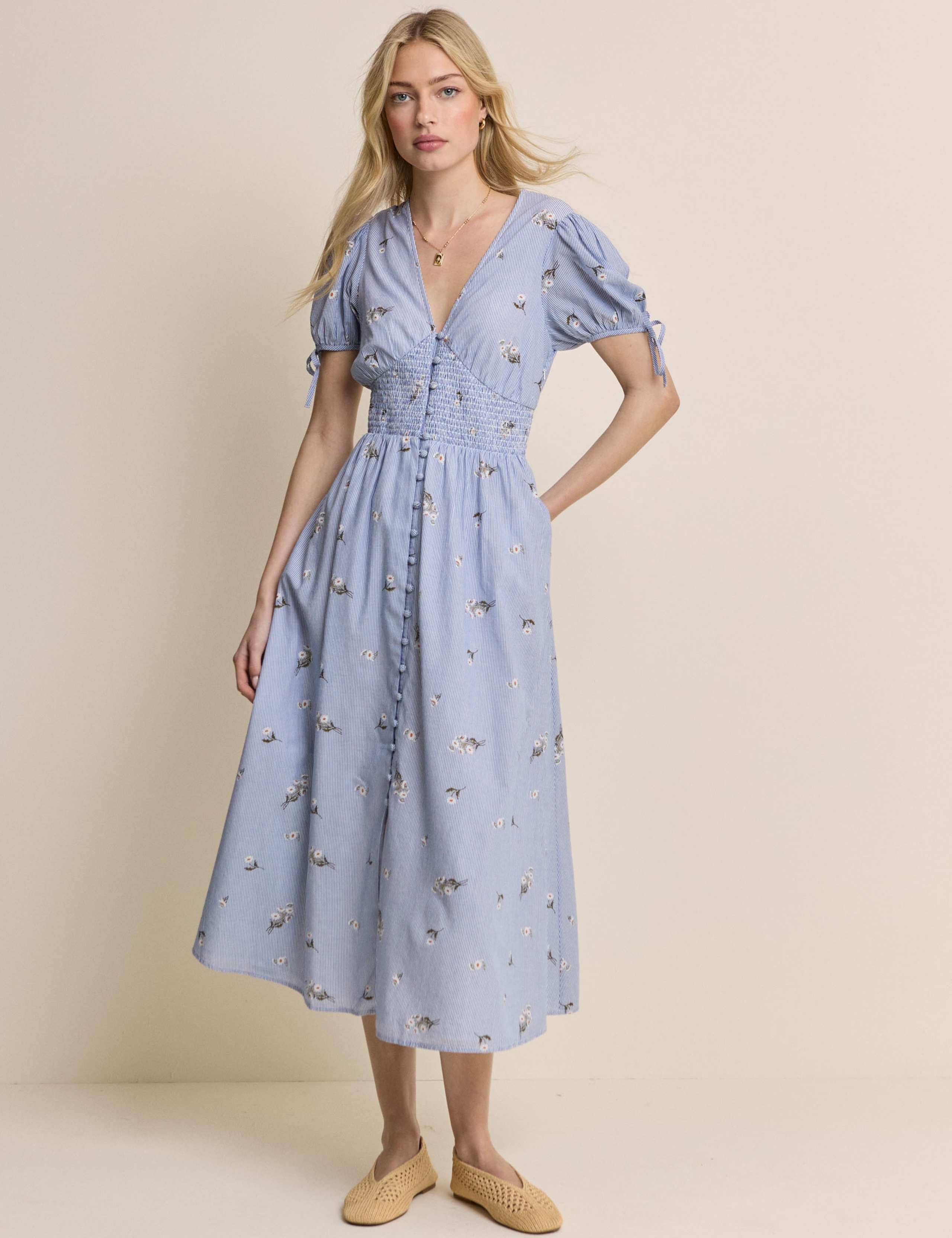 Pure Cotton Striped V-Neck Midi Waisted Dress 1 of 2