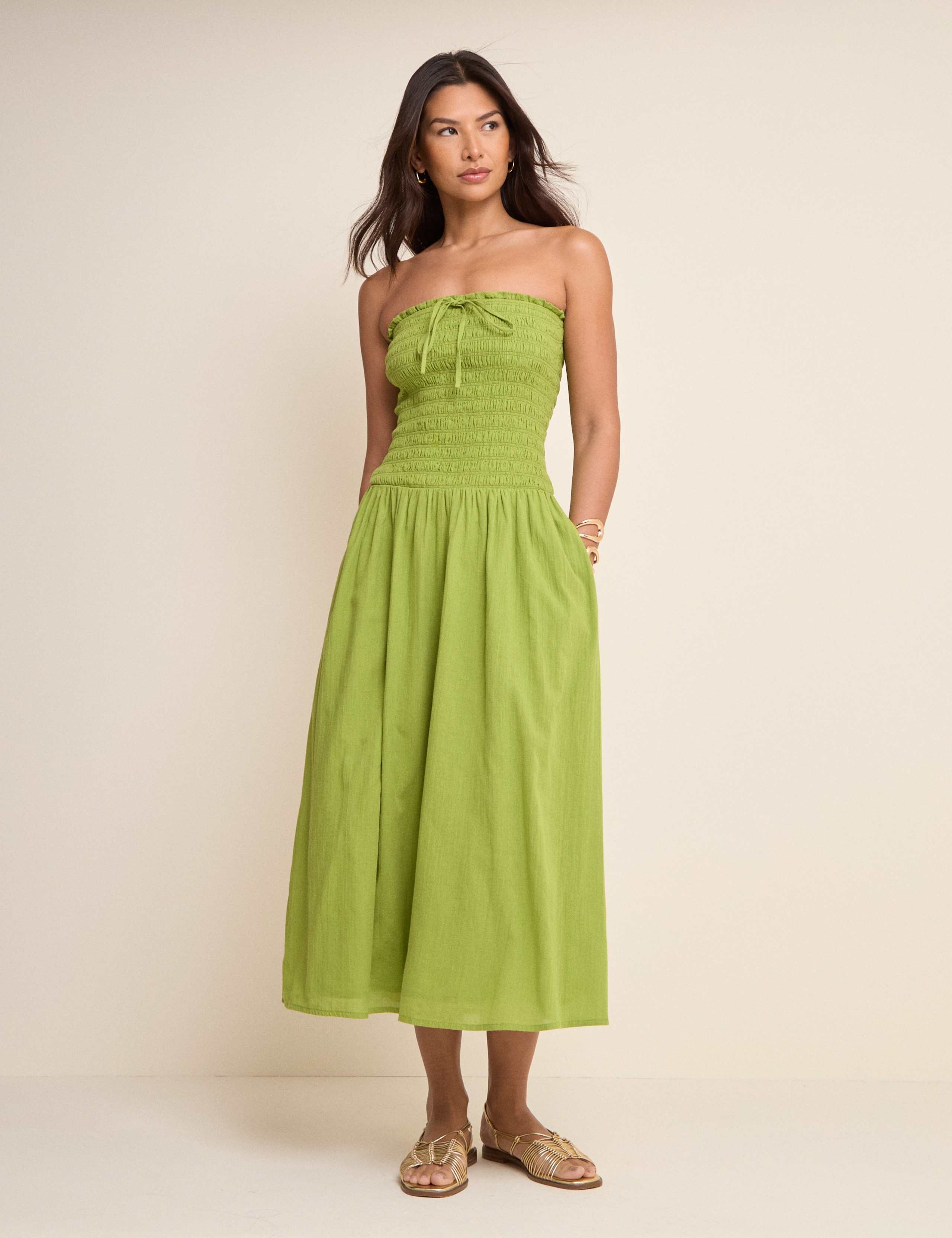 Pure Cotton Bandeau Midi Shirred Dress 1 of 5