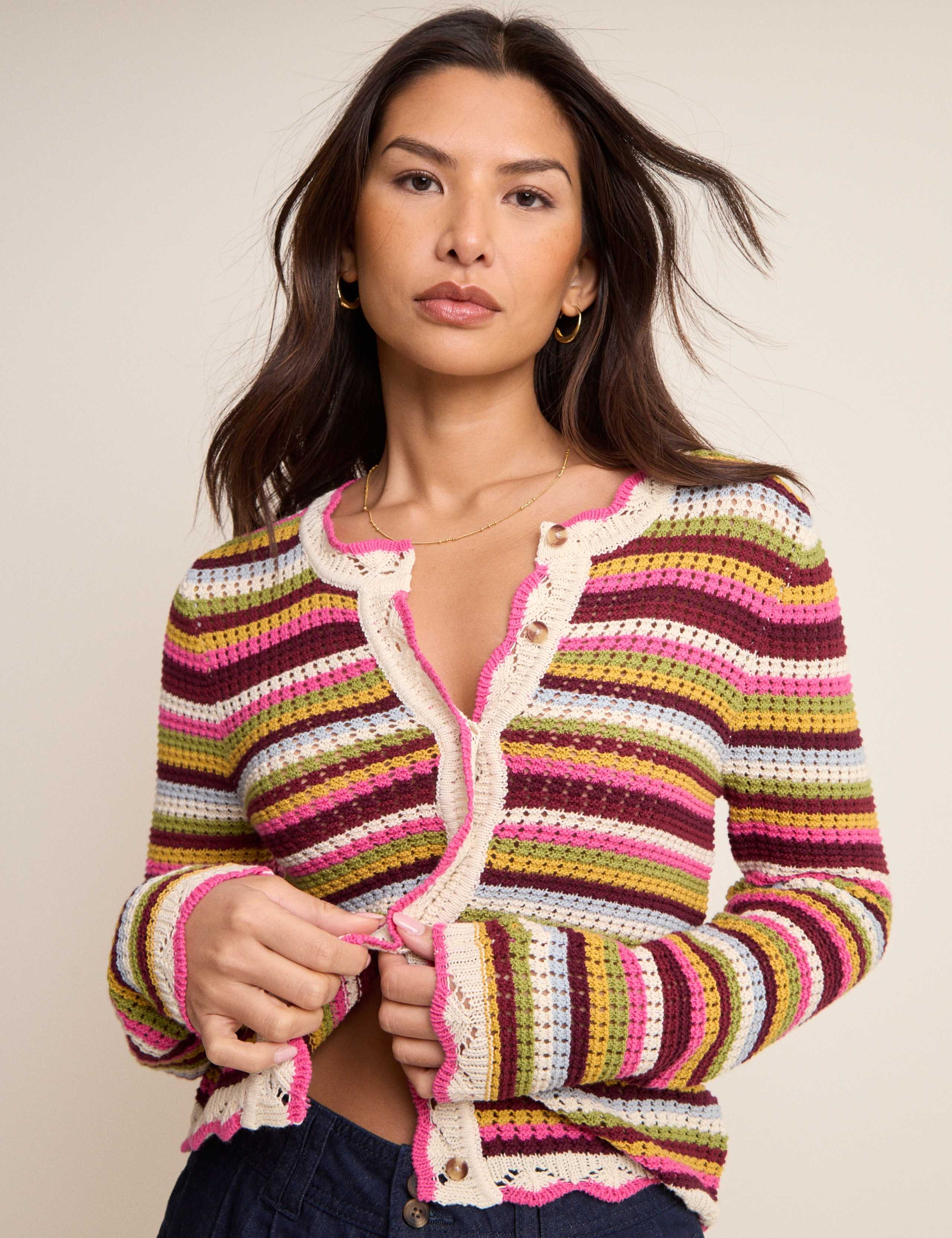 Pure Cotton Striped Mock Crochet Cardigan 1 of 5