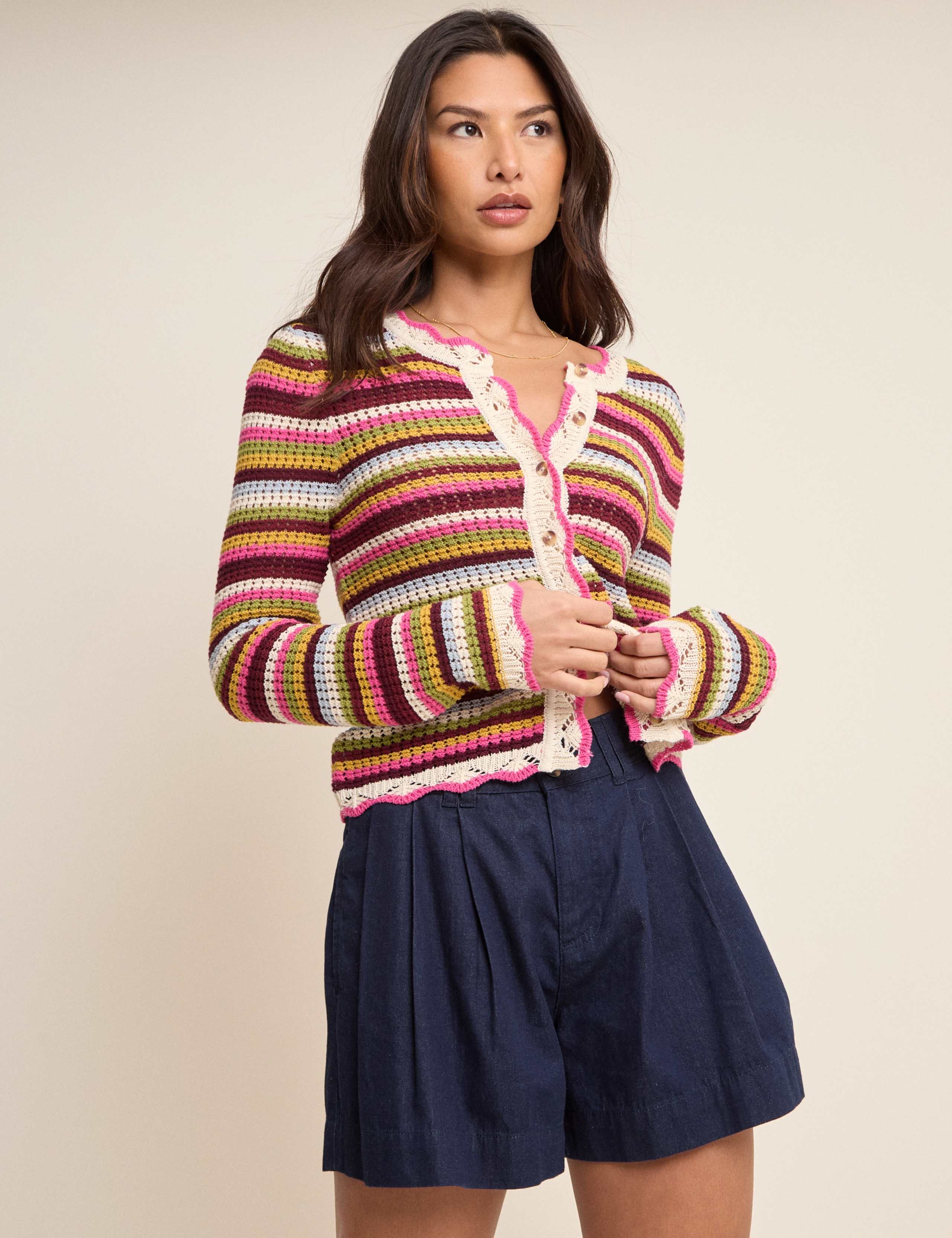 Pure Cotton Striped Mock Crochet Cardigan 3 of 5