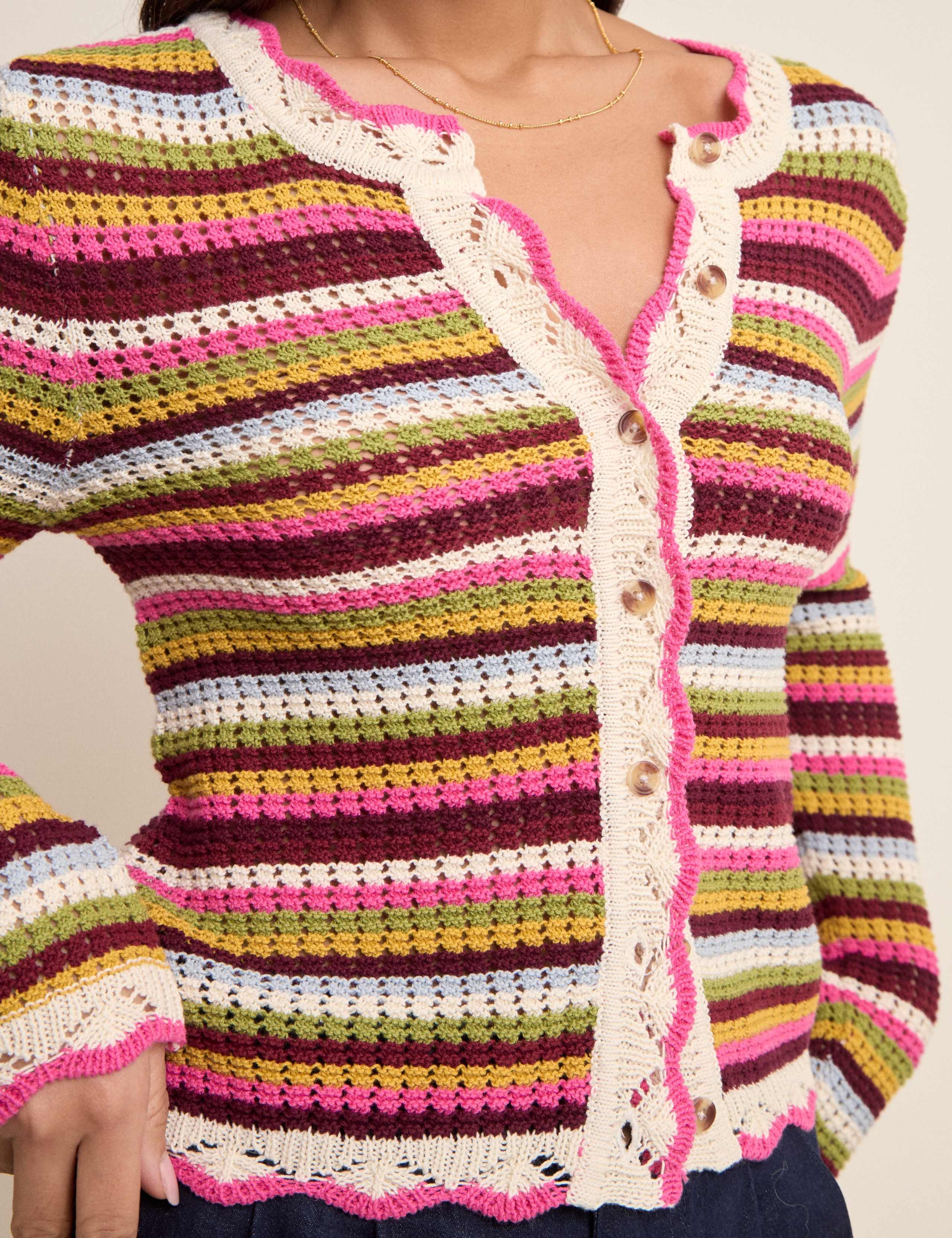 Pure Cotton Striped Mock Crochet Cardigan 5 of 5