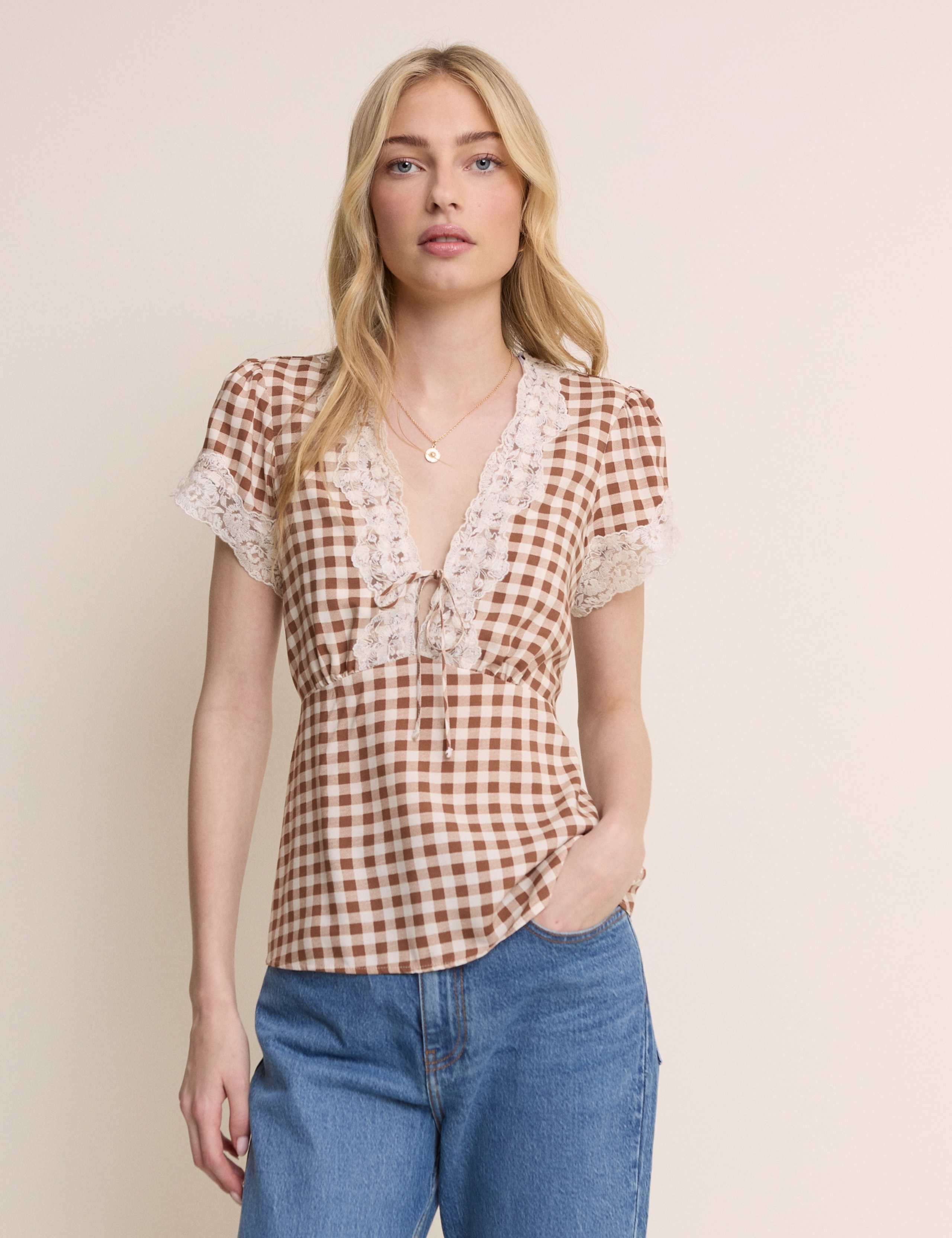 Gingham Lace Trim Blouse 1 of 5