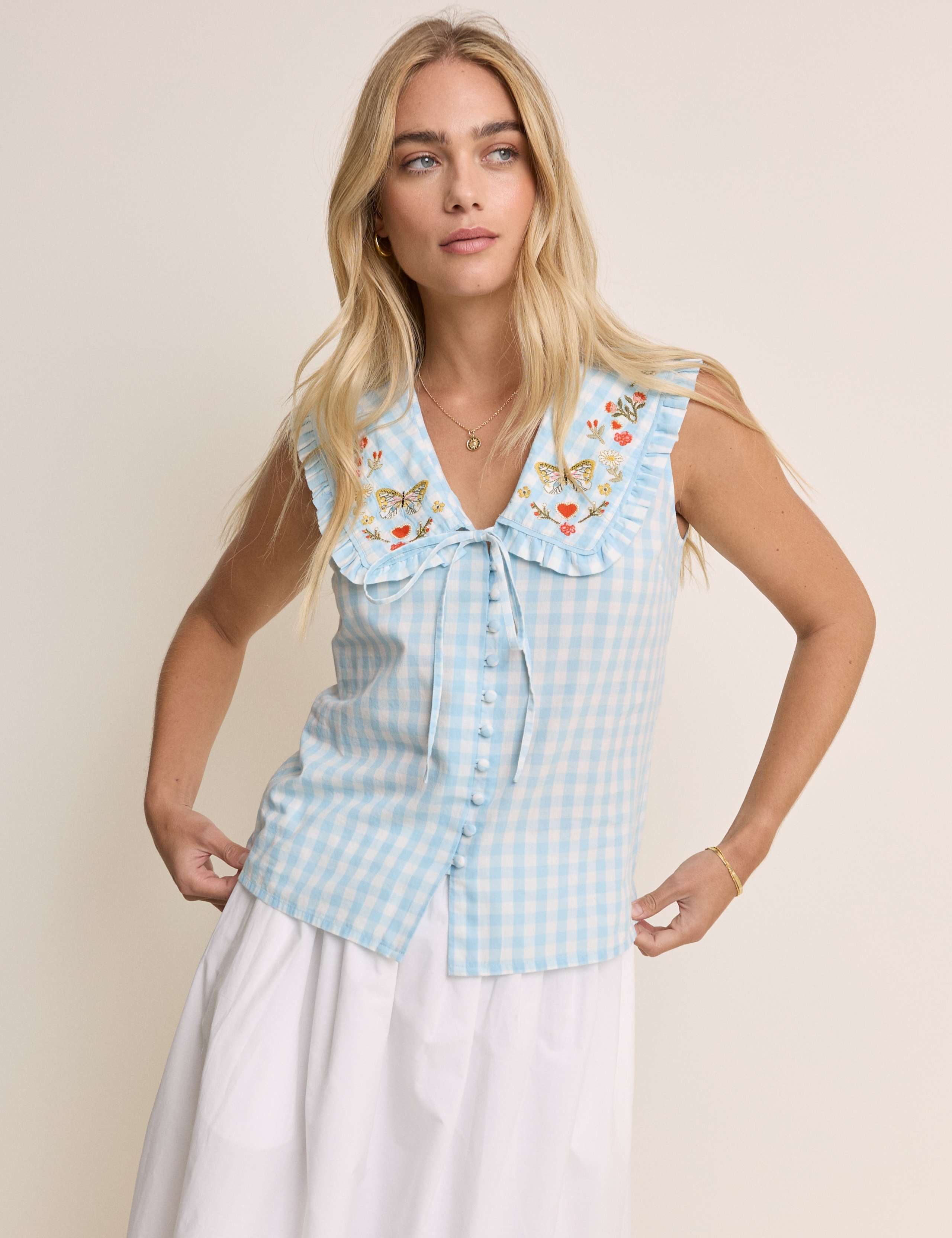 Pure Cotton Checked Tie Neck Blouse 1 of 5