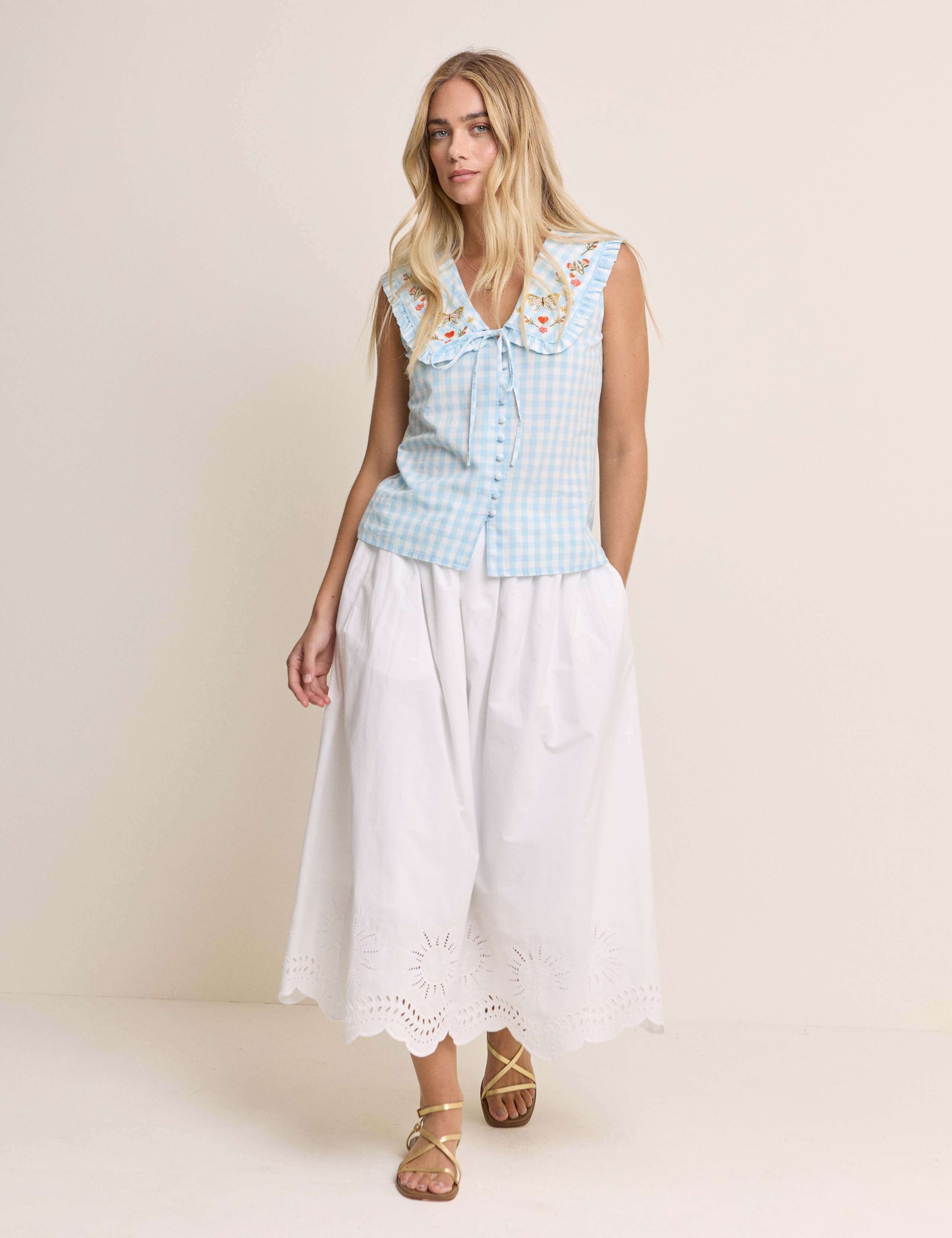 Pure Cotton Checked Tie Neck Blouse 5 of 5