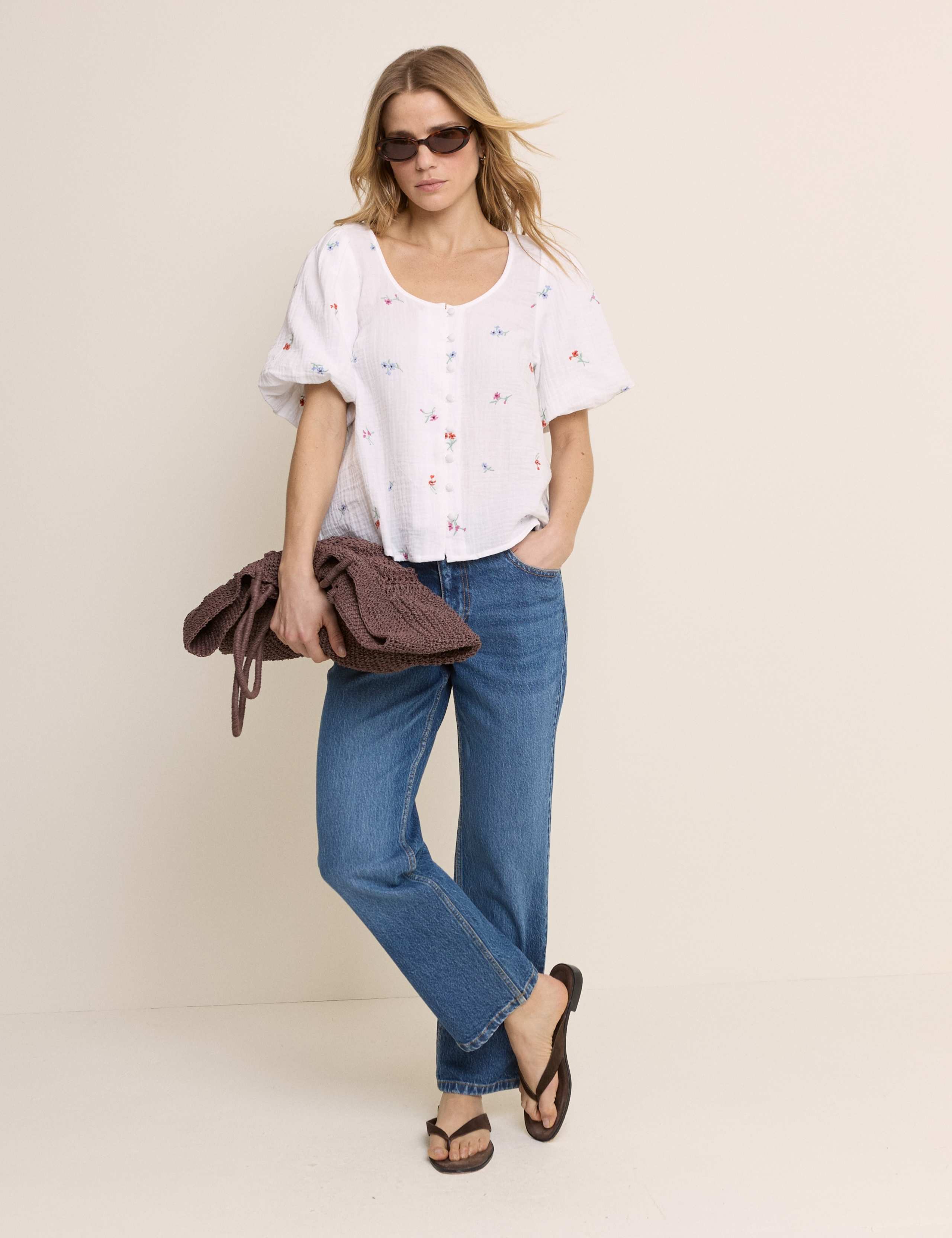Pure Cotton Embroidered Puff Sleeve Blouse 2 of 5