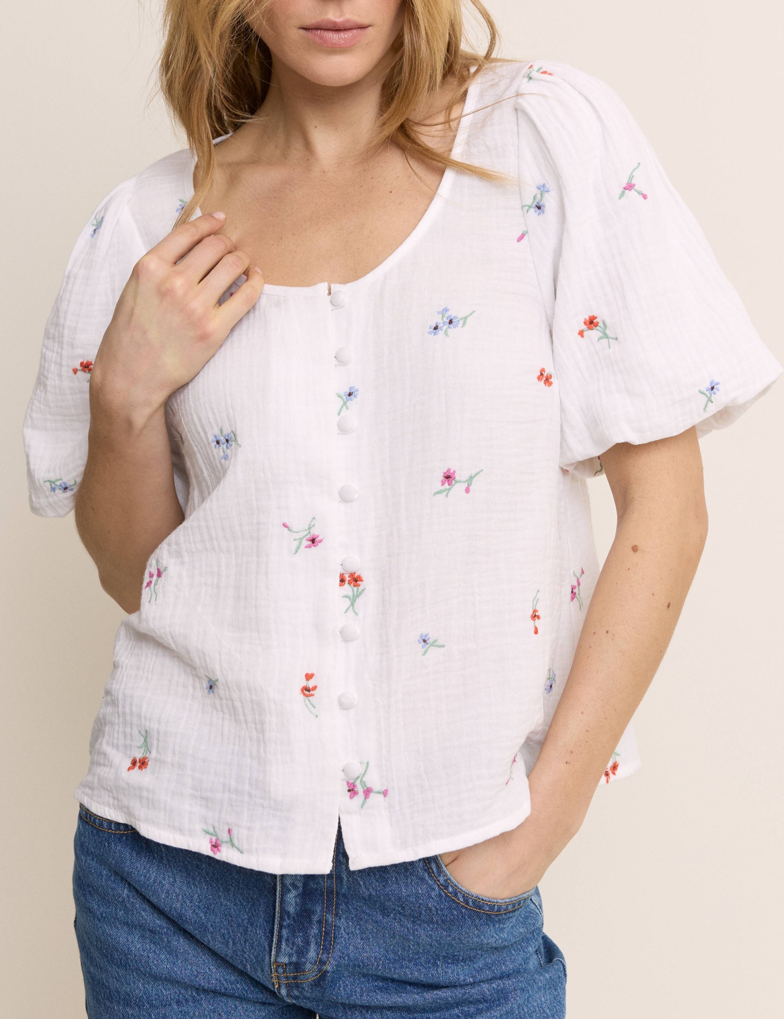 Pure Cotton Embroidered Puff Sleeve Blouse 3 of 5