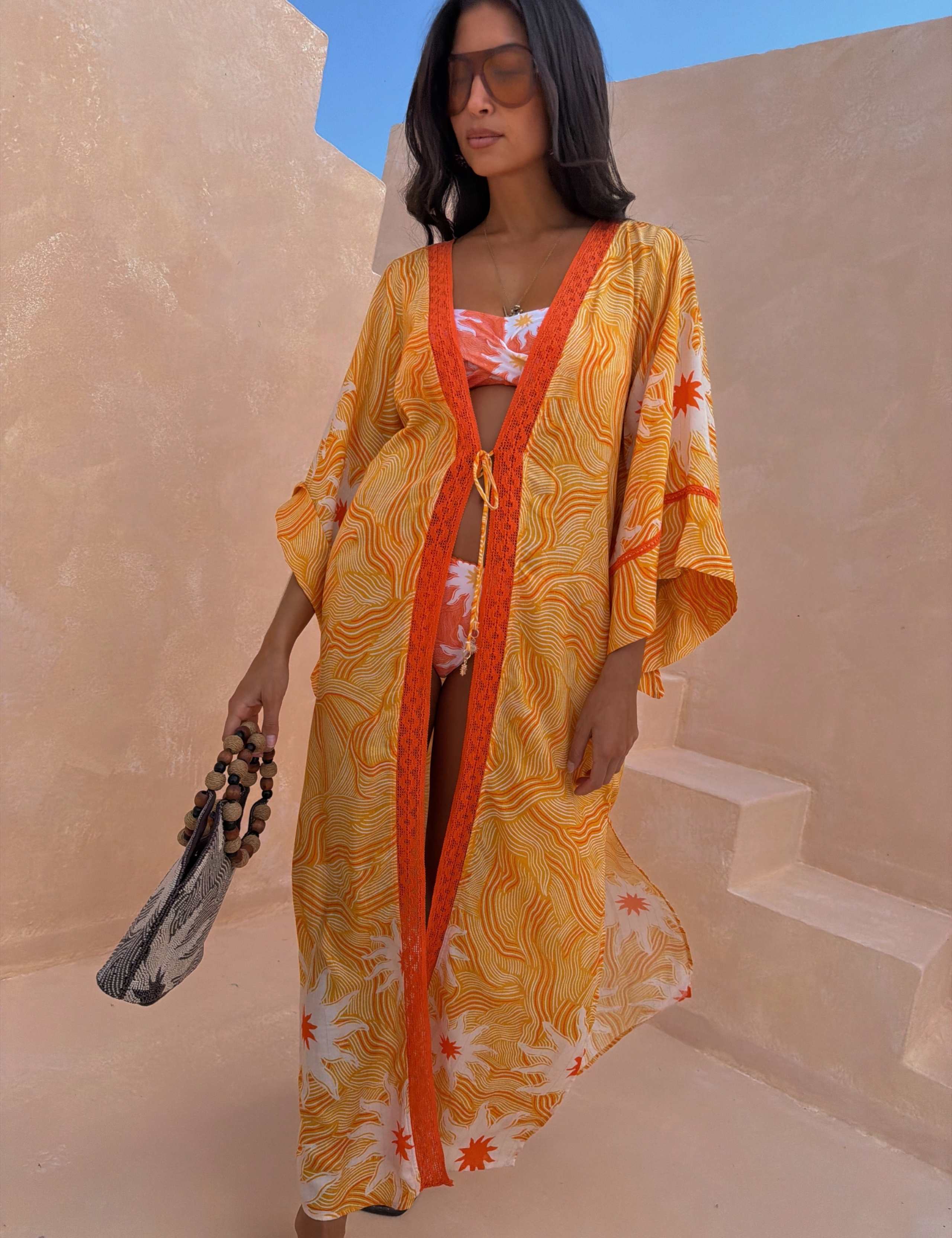 Printed Beaded Tie Front Kimono 1 of 4