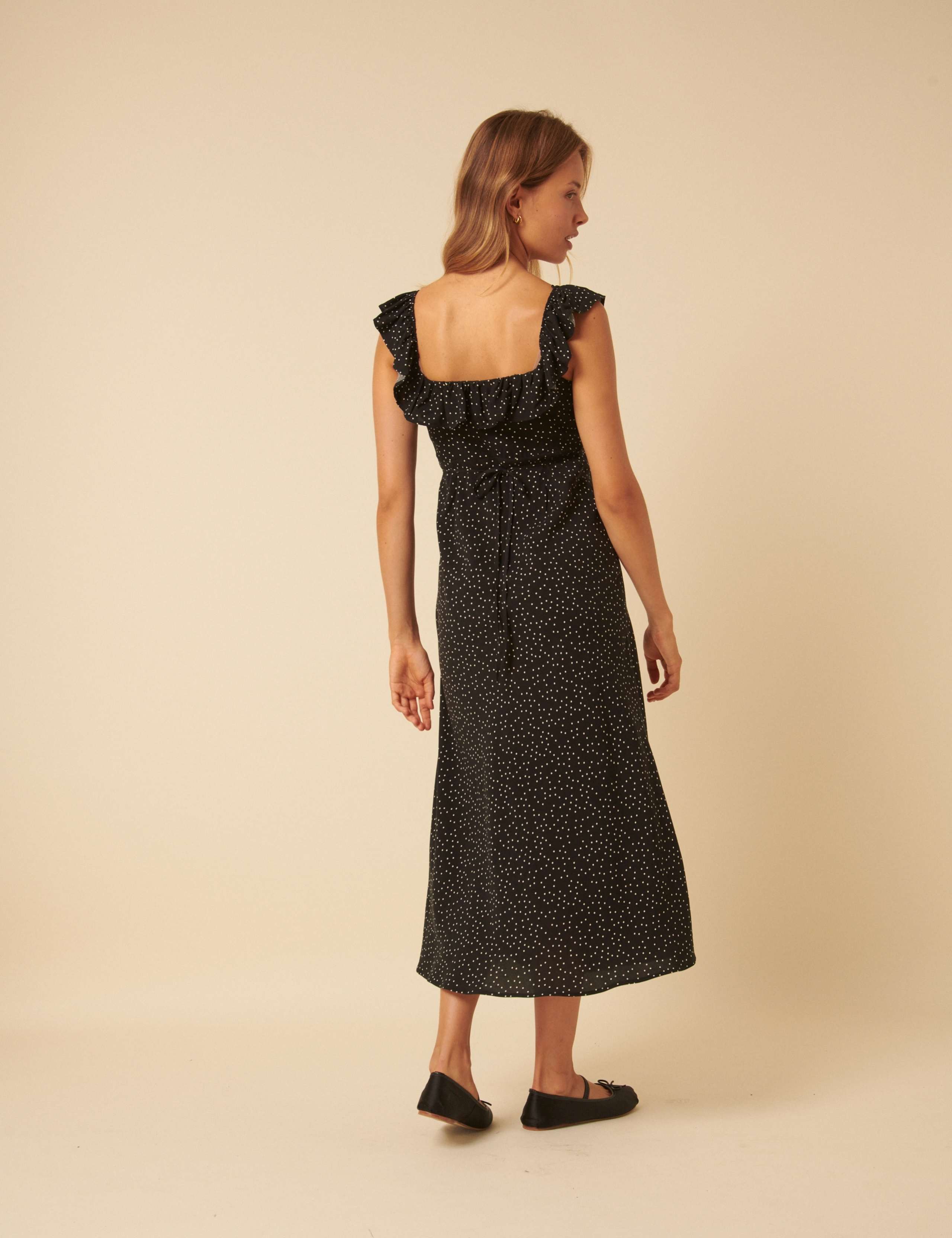 Polka Dot Ruffle Neck Midi Slip Dress 2 of 5