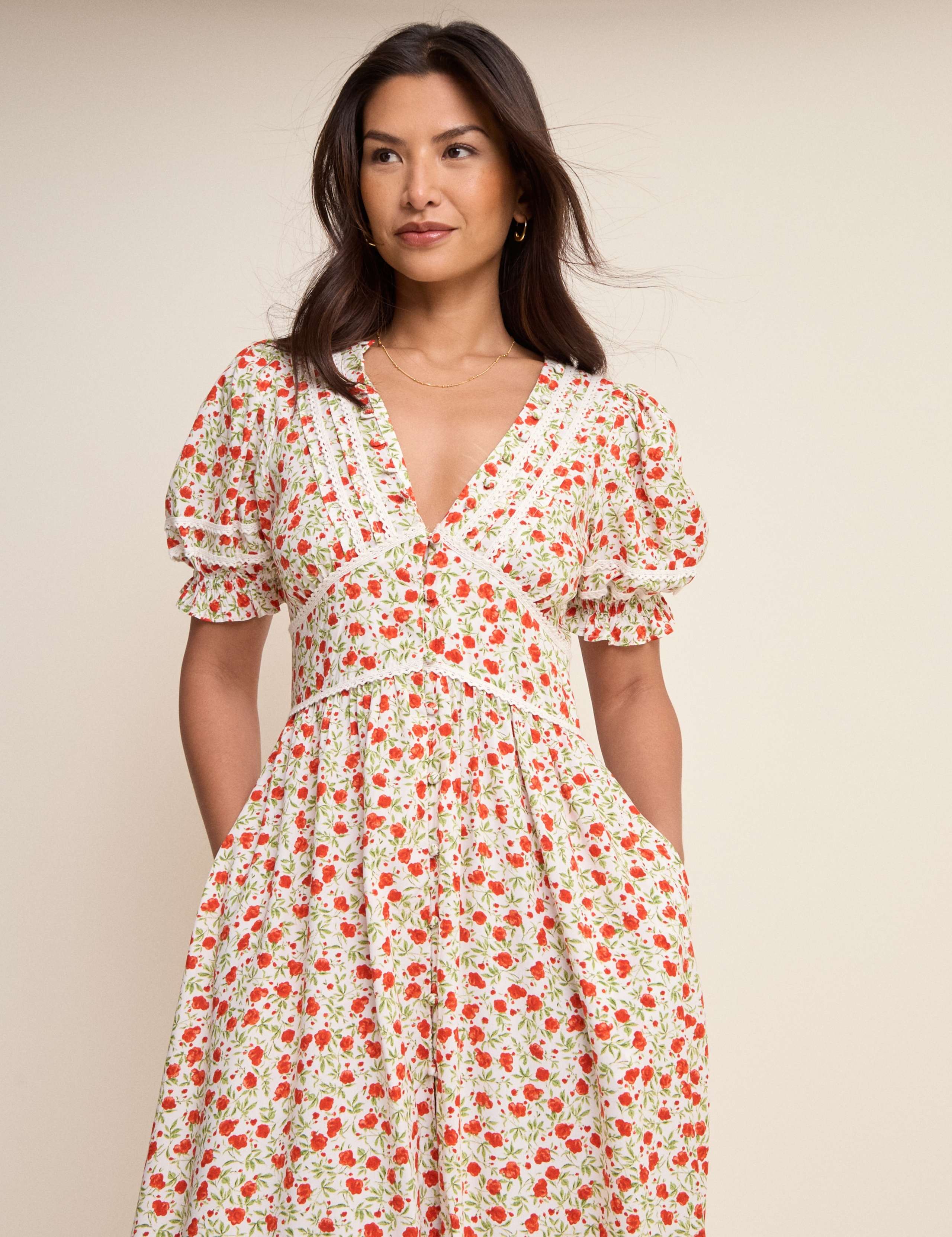 Floral V-Neck Puff Sleeve Midi Waisted Dress 2 of 5