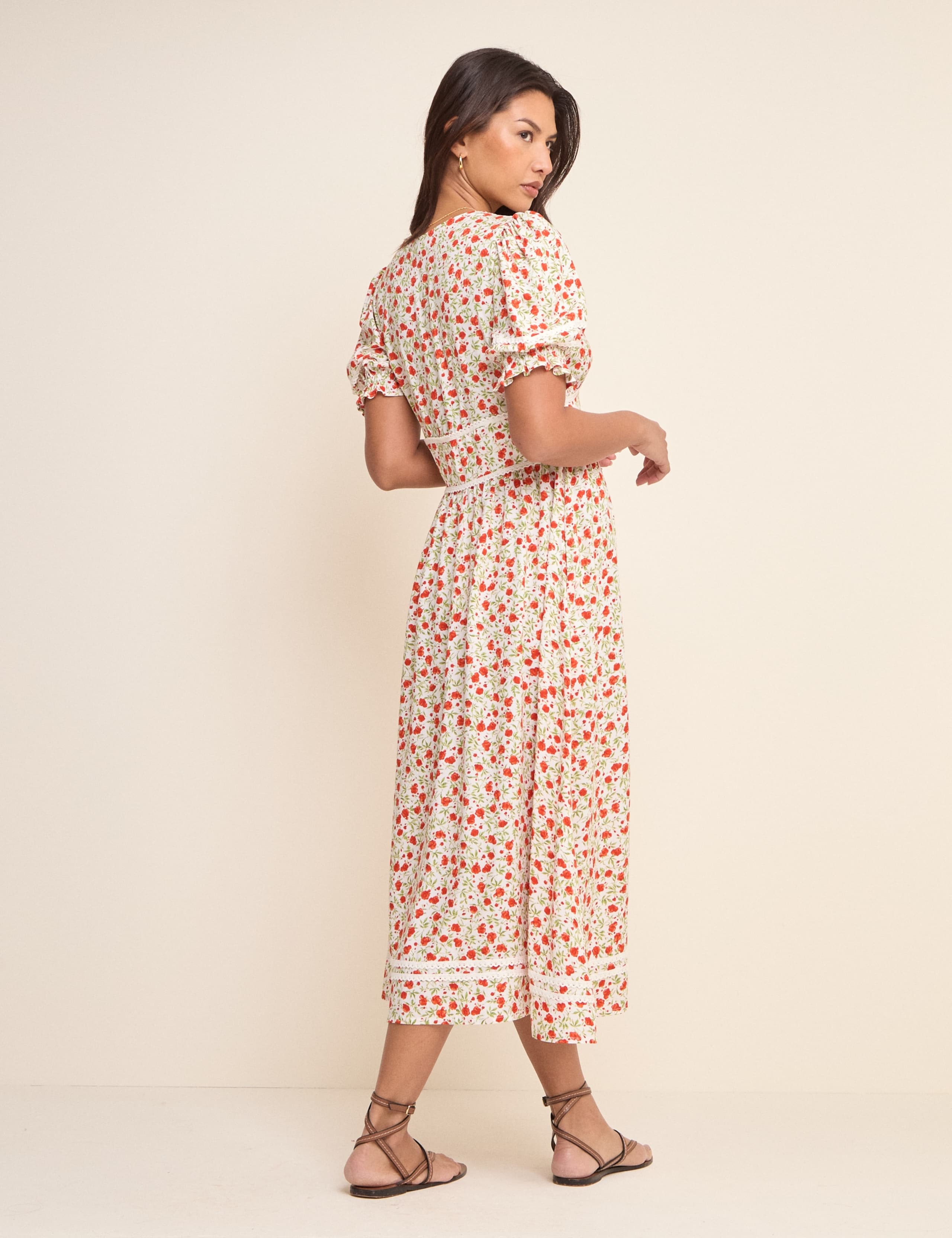 Floral V-Neck Puff Sleeve Midi Waisted Dress 4 of 5
