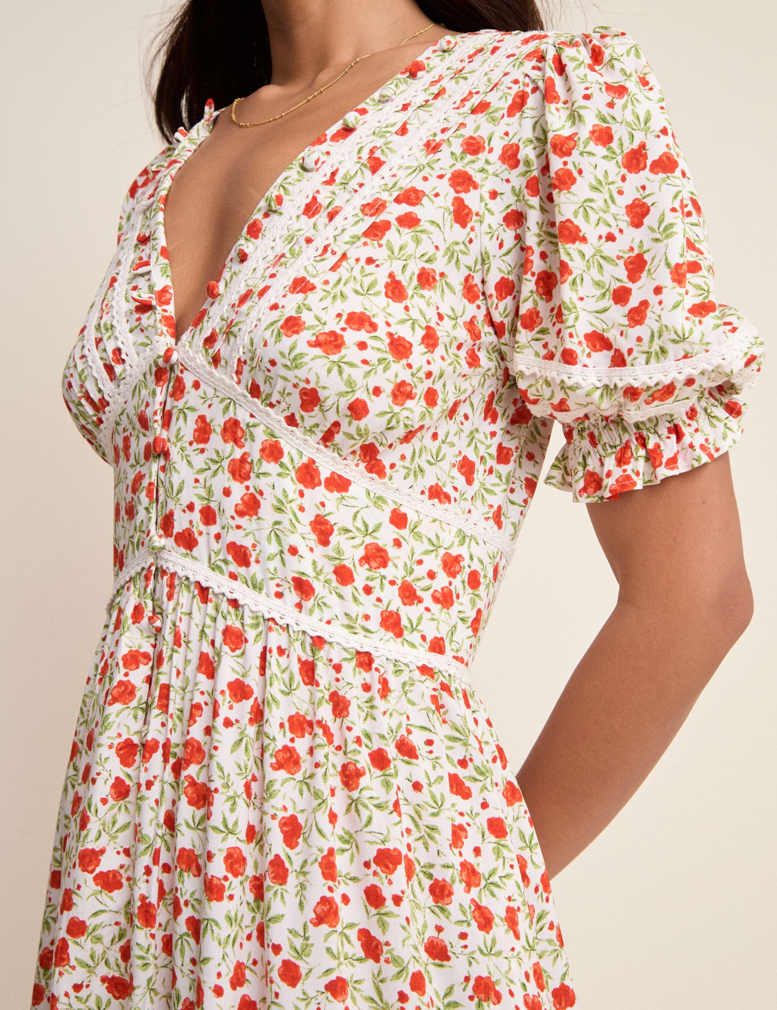 Floral V-Neck Puff Sleeve Midi Waisted Dress 5 of 5