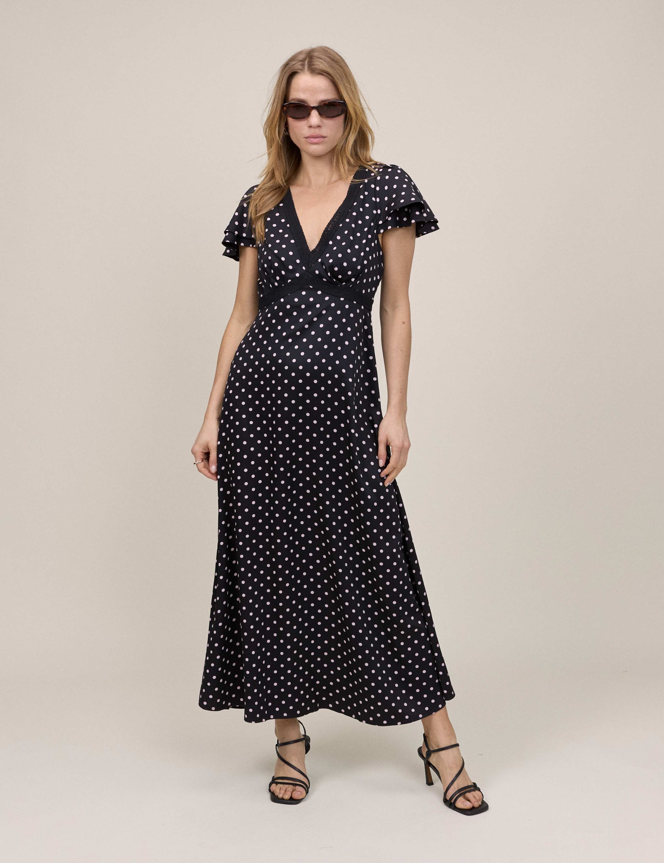 Polka Dot V-Neck Midi Waisted Dress 1 of 5