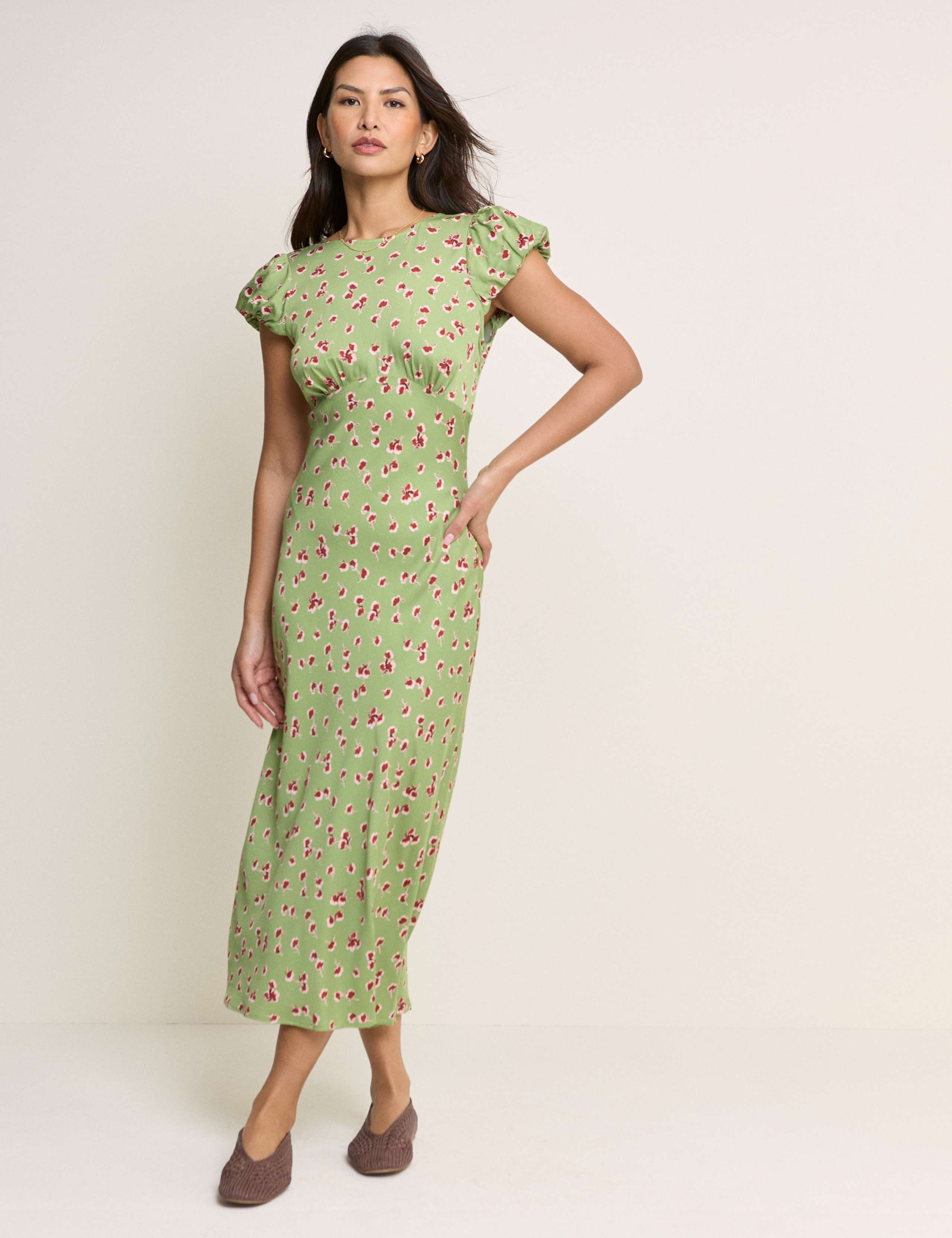 Floral Crew Neck Puff Sleeve Midi Tea Dress 1 of 5