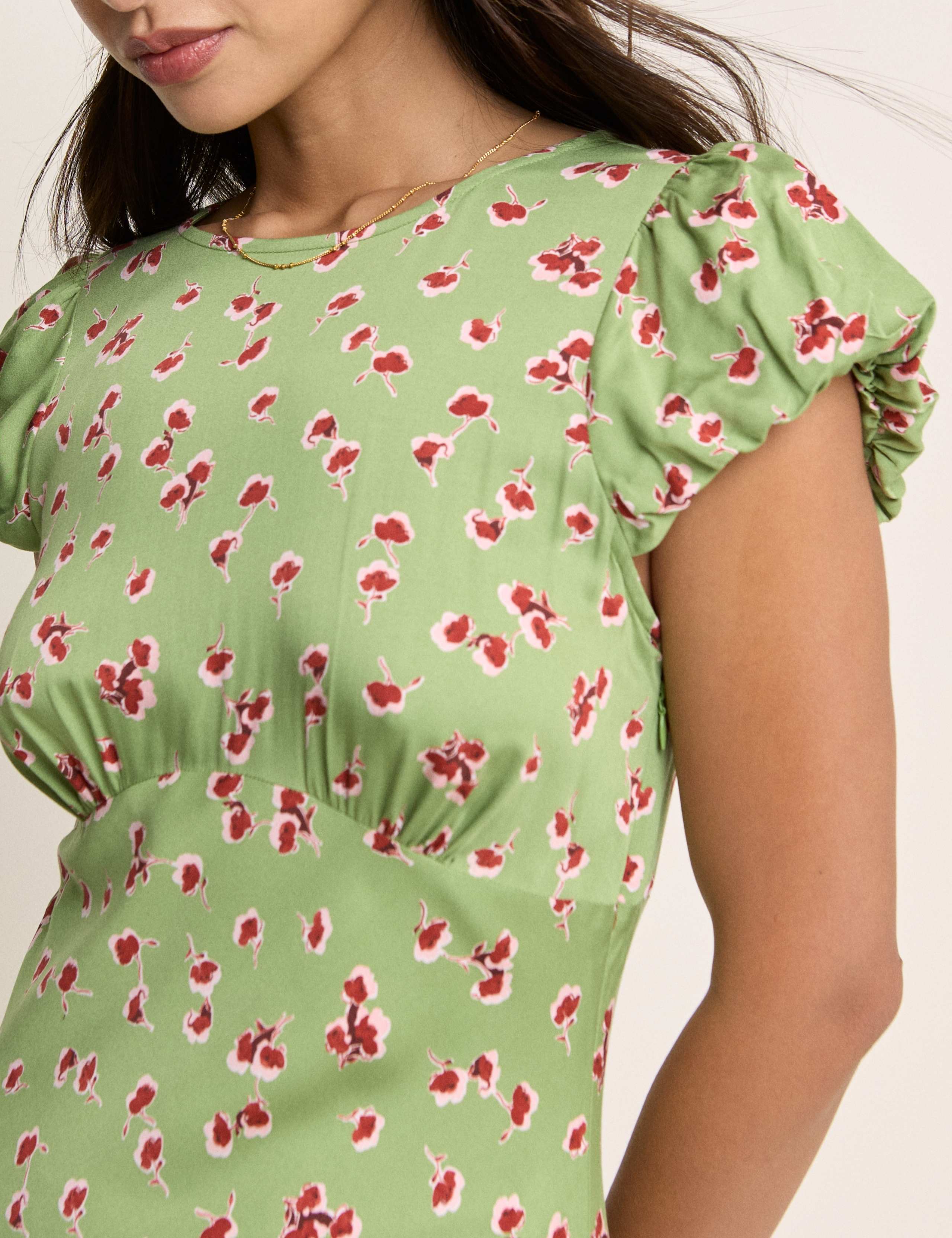 Floral Crew Neck Puff Sleeve Midi Tea Dress 2 of 5