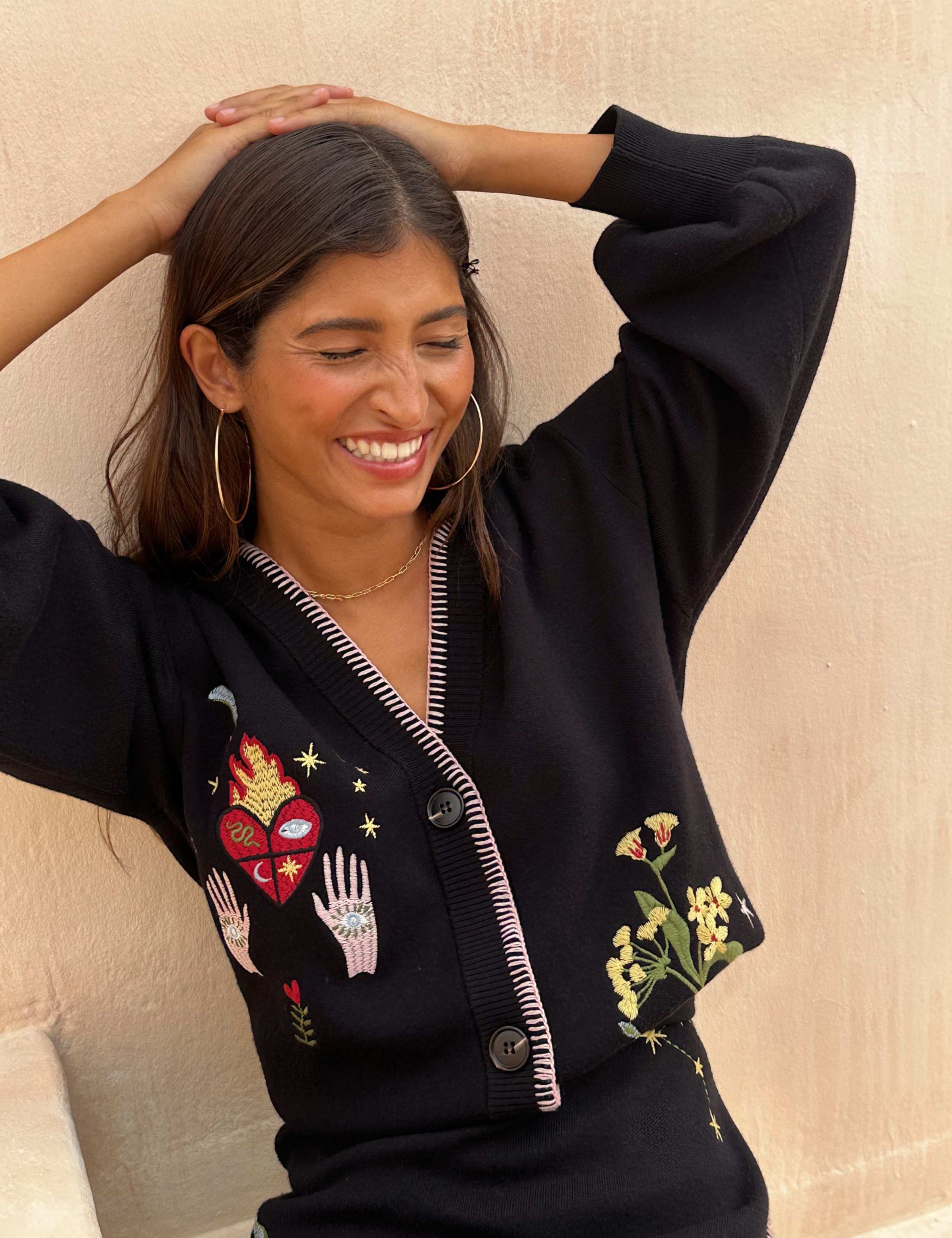 Embroidered V-Neck Relaxed Cardigan 3 of 4