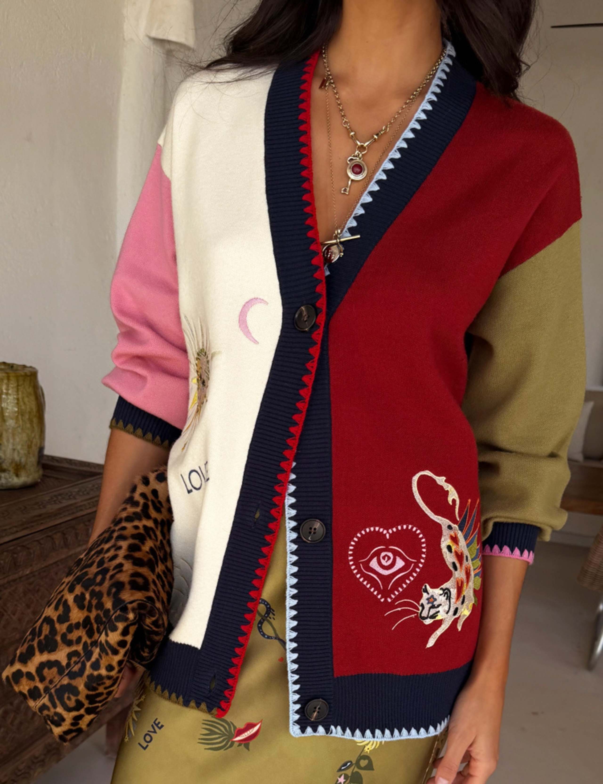 Embroidered Colour Block Relaxed Cardigan 1 of 4
