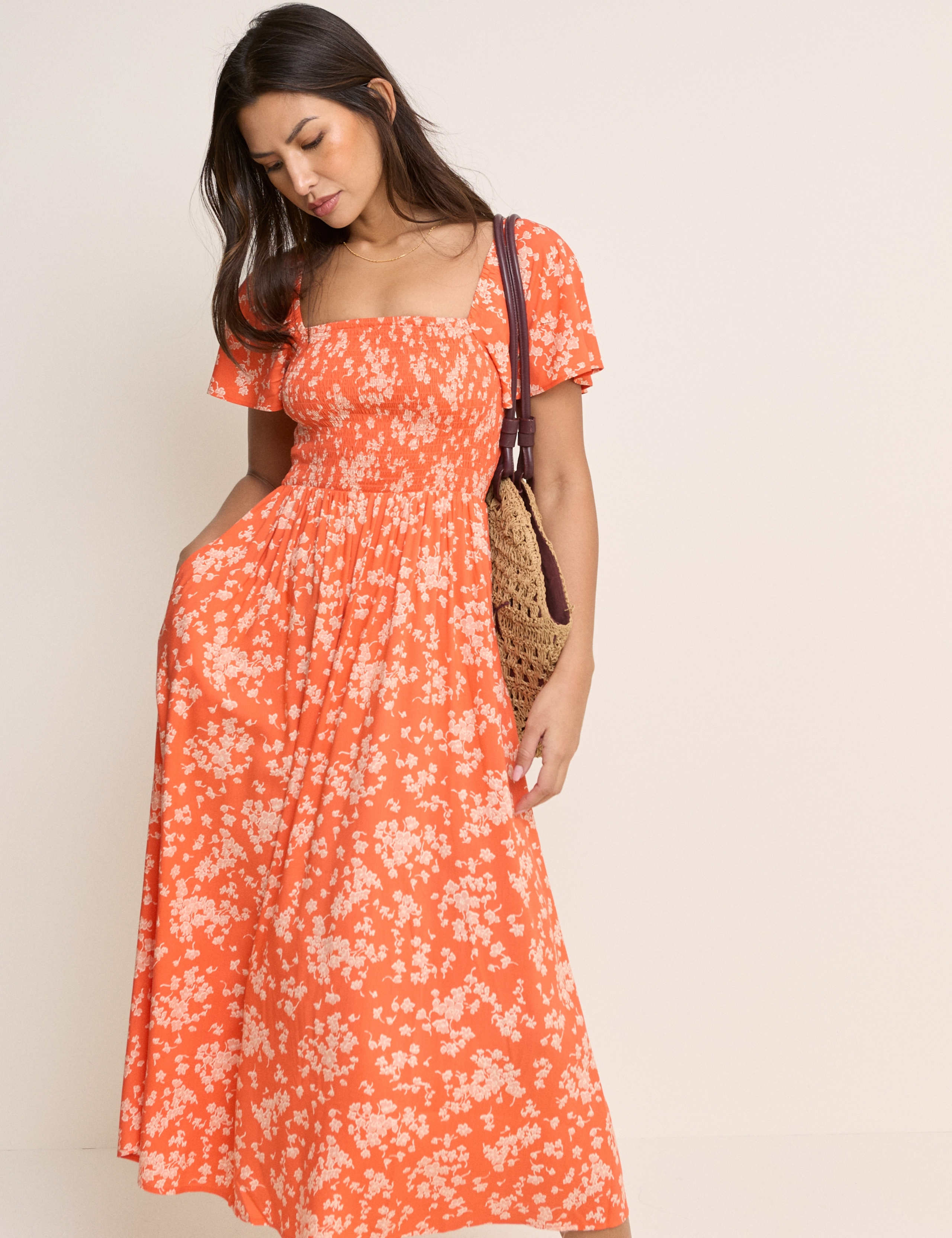 Floral Square Neck Shirred Midi Dress 4 of 5