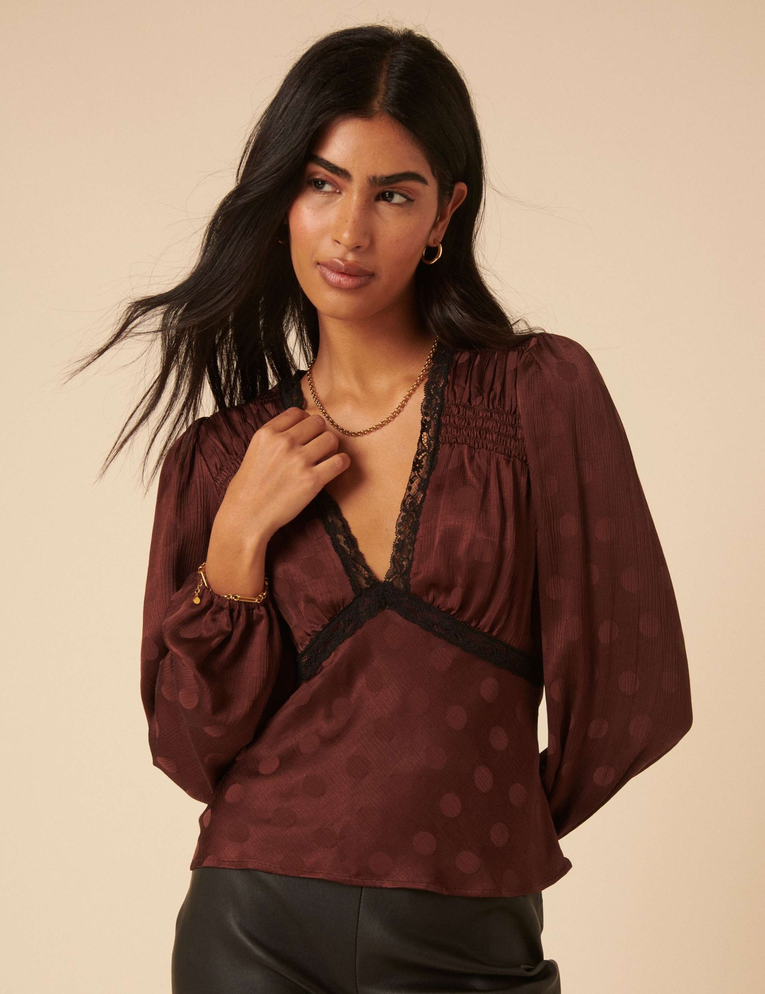 V-Neck Lace Trim Bl;ouse 1 of 5
