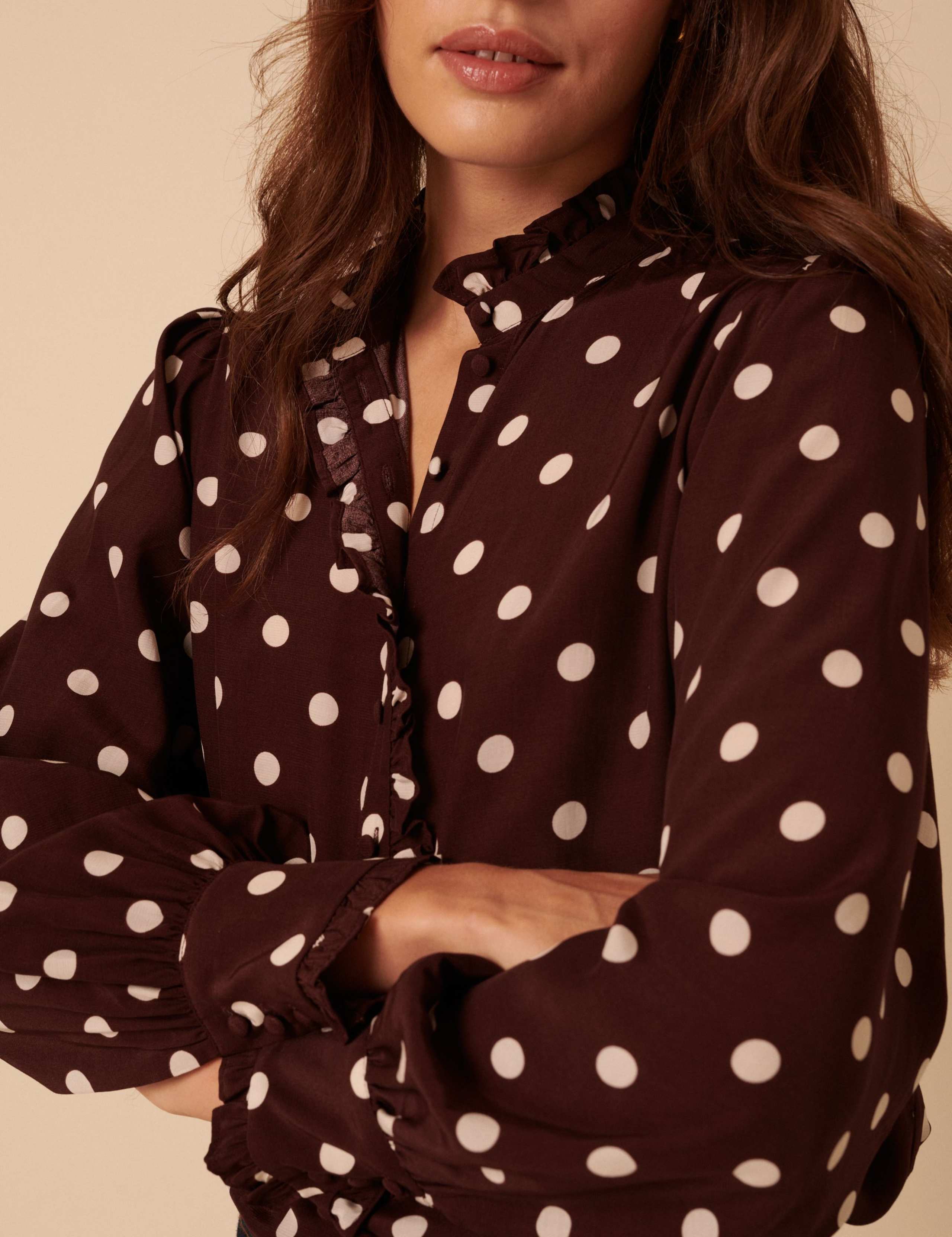 Polka Dot High Neck Button Through Blouse 2 of 5