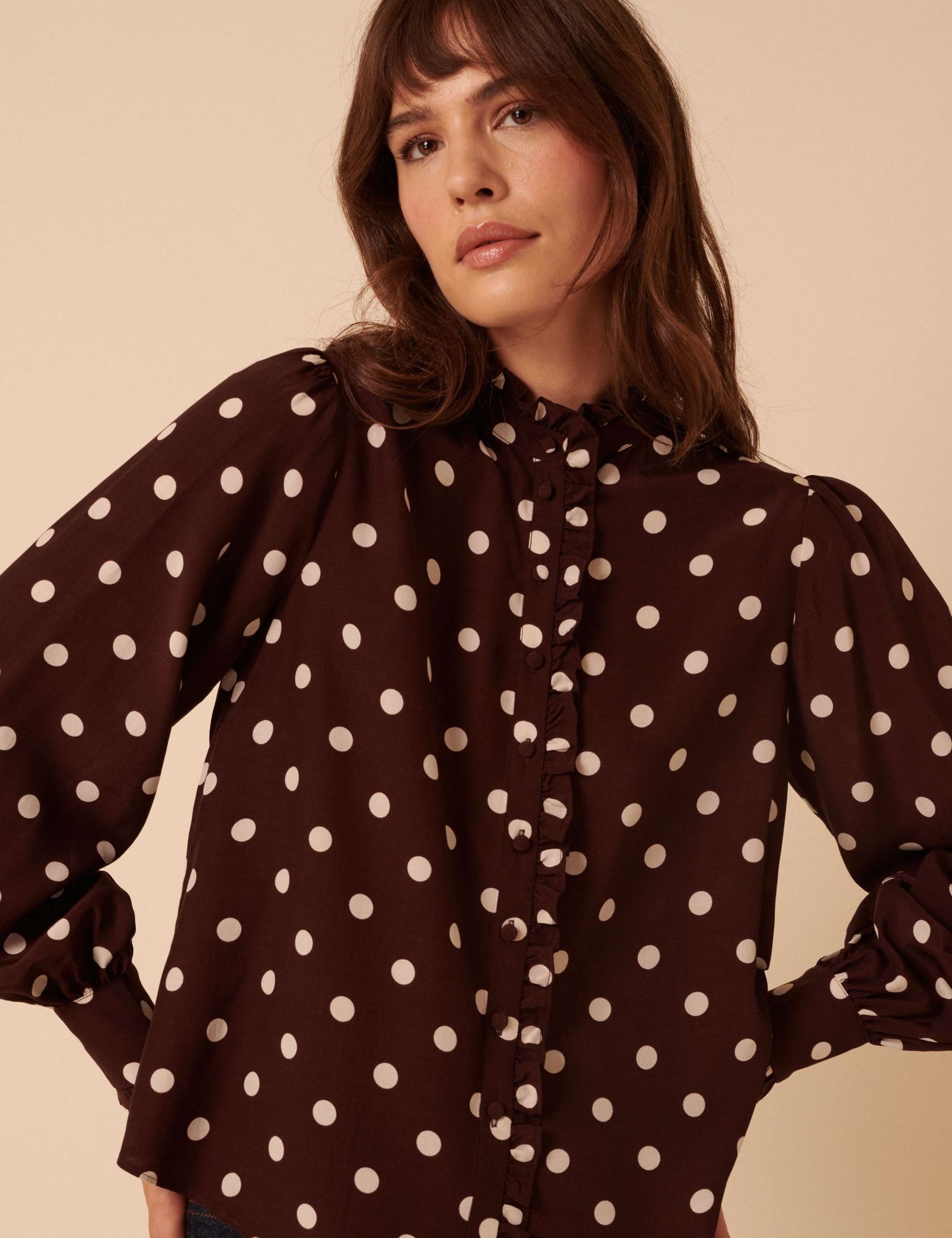Polka Dot High Neck Button Through Blouse 3 of 5