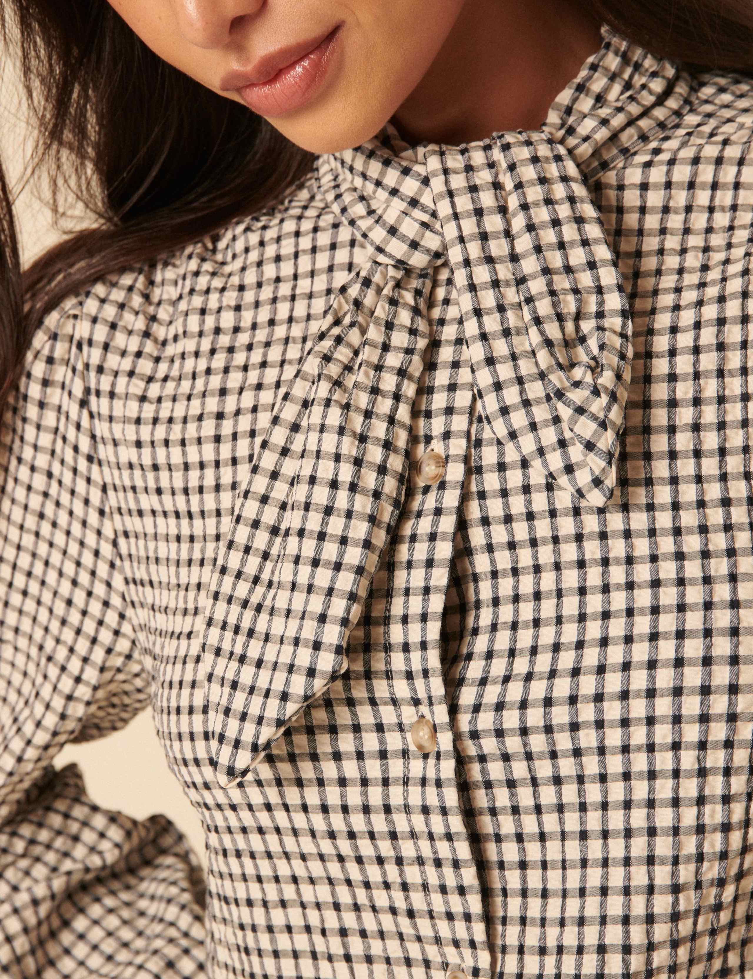 Pure Cotton Gingham Tie Neck Blouse 2 of 4