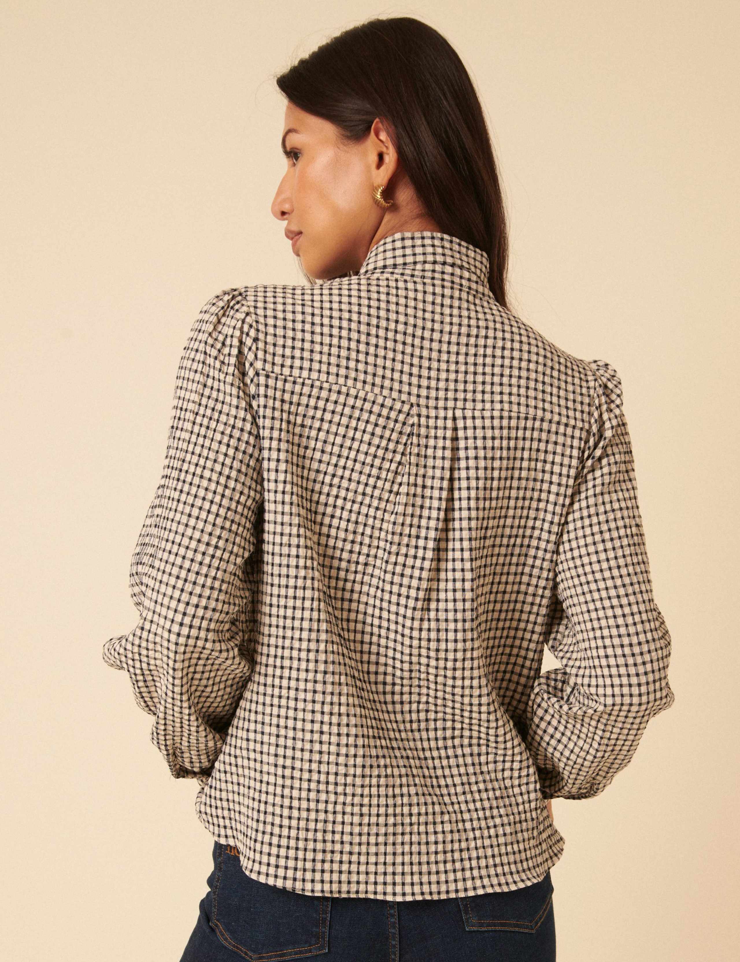 Pure Cotton Gingham Tie Neck Blouse 3 of 4