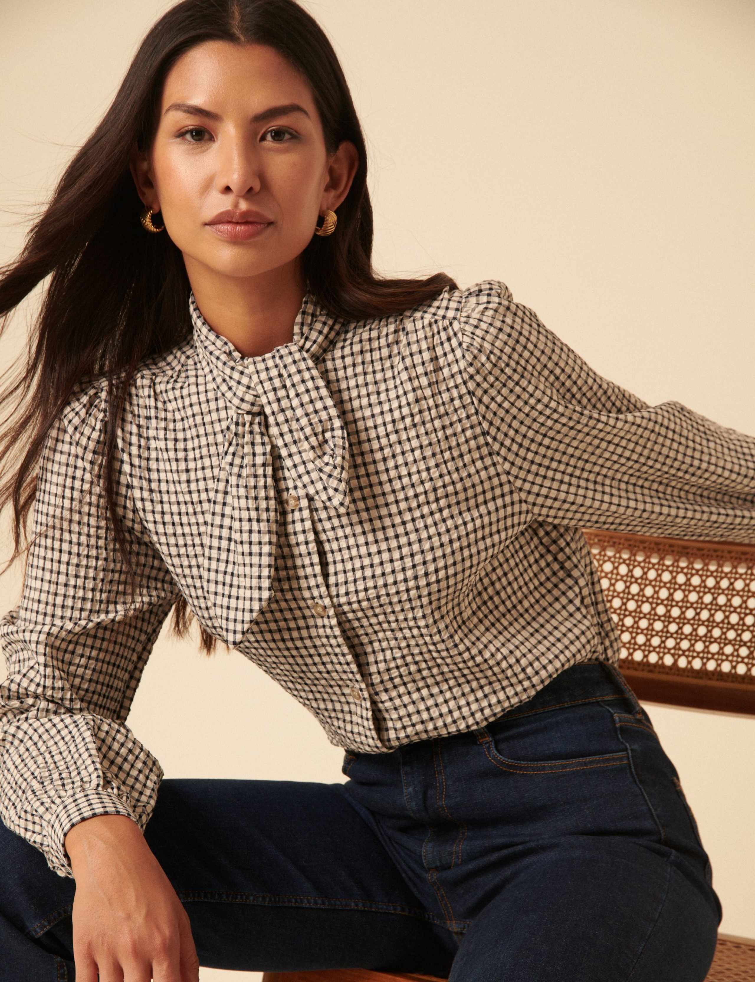 Pure Cotton Gingham Tie Neck Blouse 4 of 4