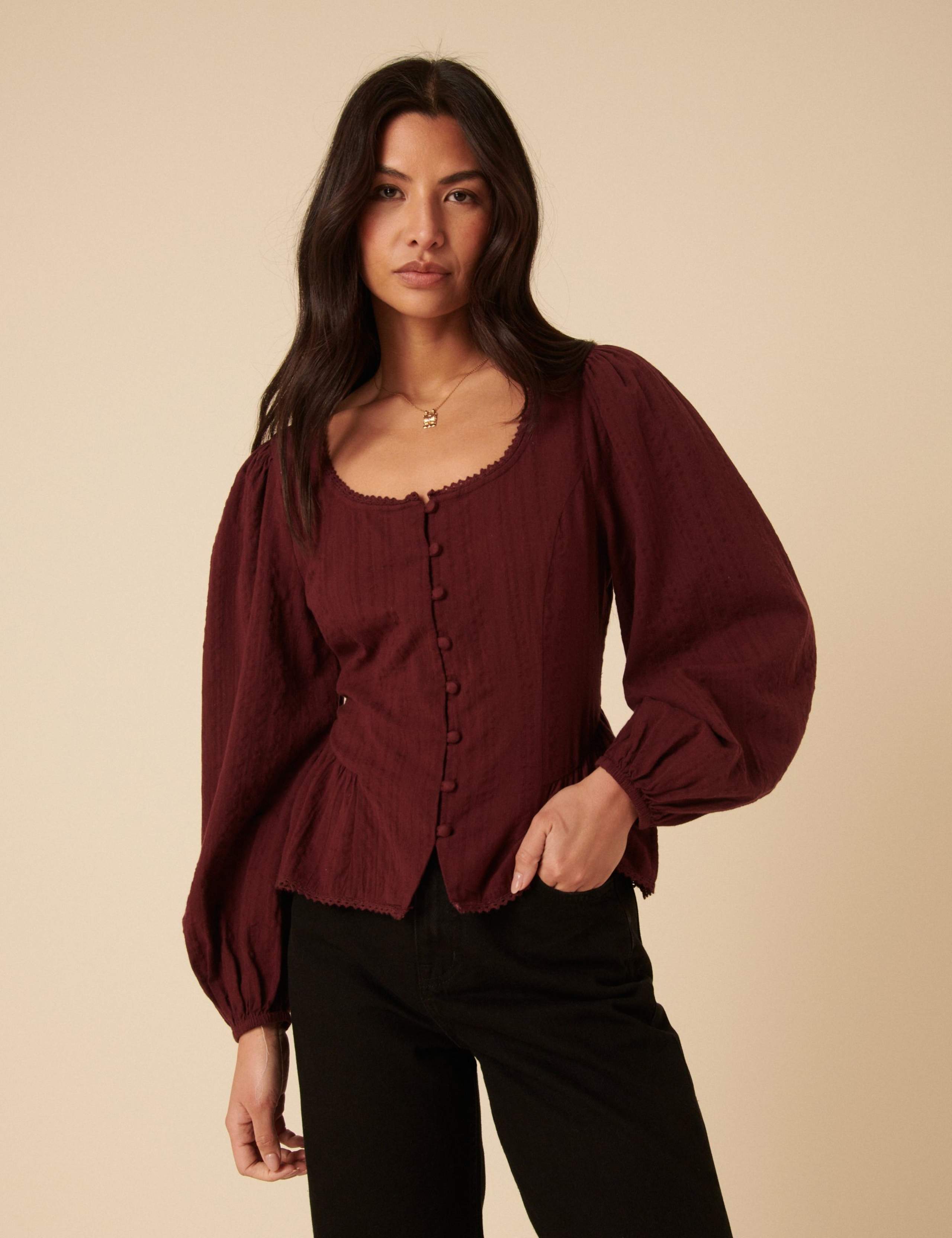 Pure Cotton Scoop Neck Button Through Blouse 1 of 5