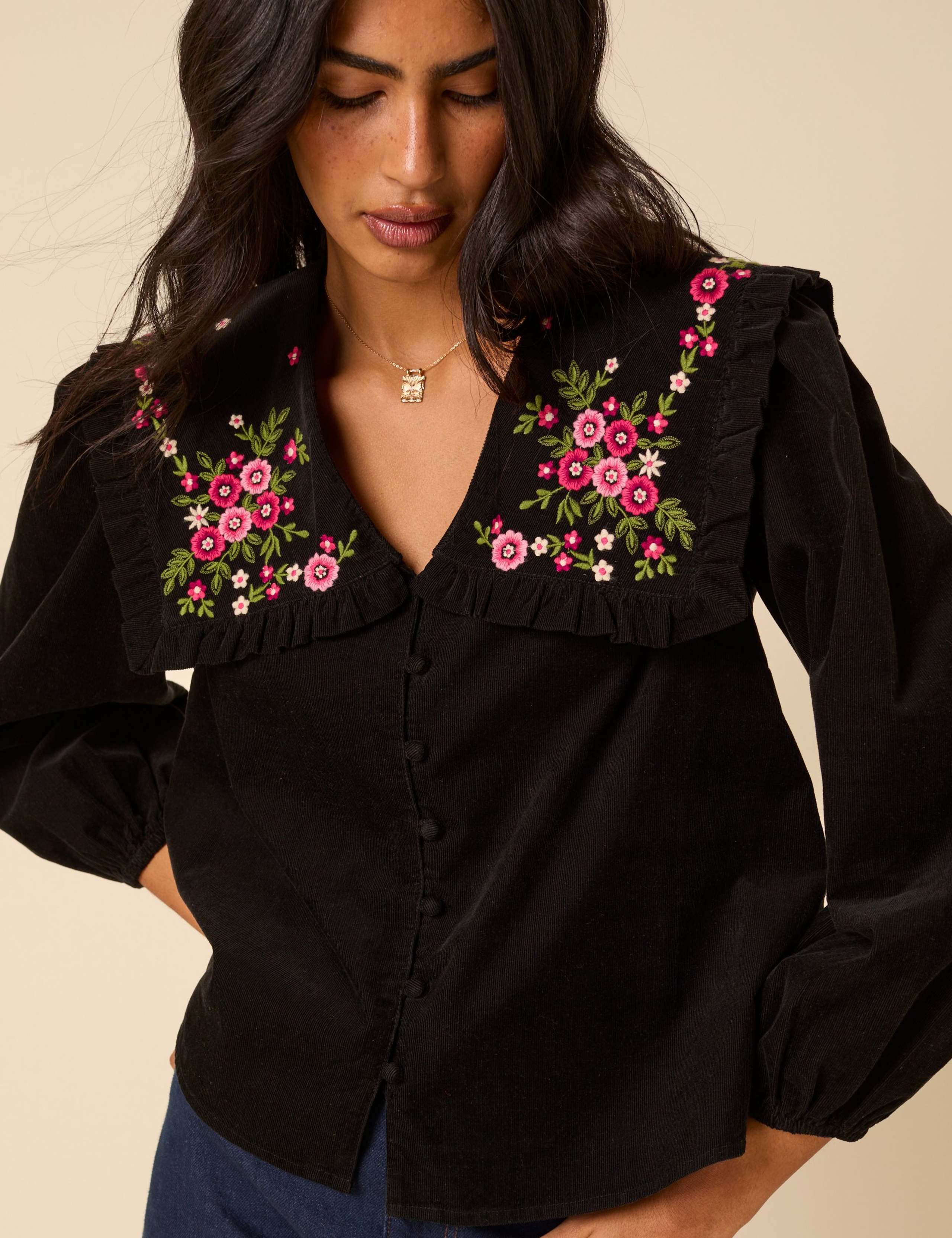 Pure Cotton Cord Embroidered Collared Blouse 2 of 5