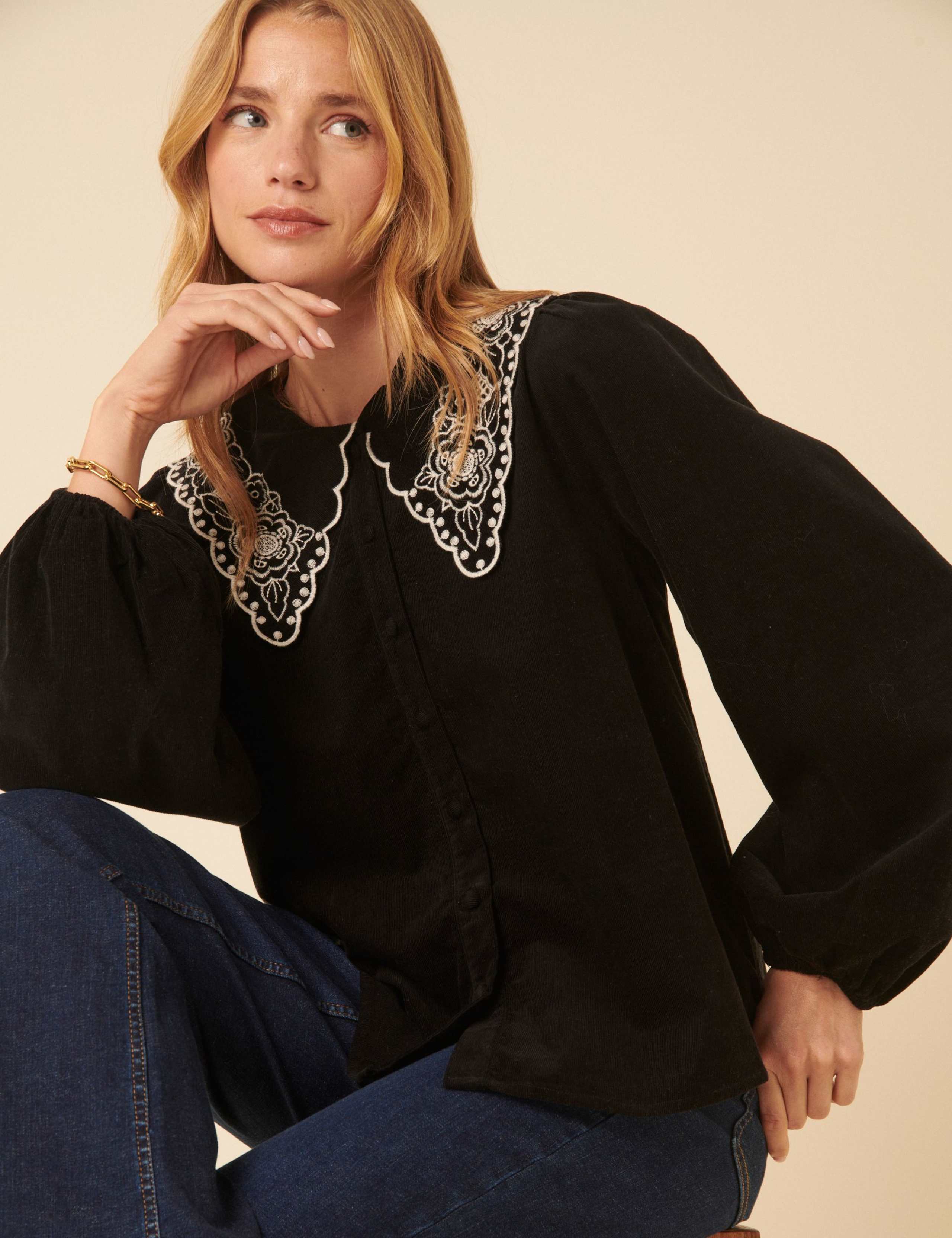 Pure Cotton Broderie Detail Collared Blouse 2 of 5