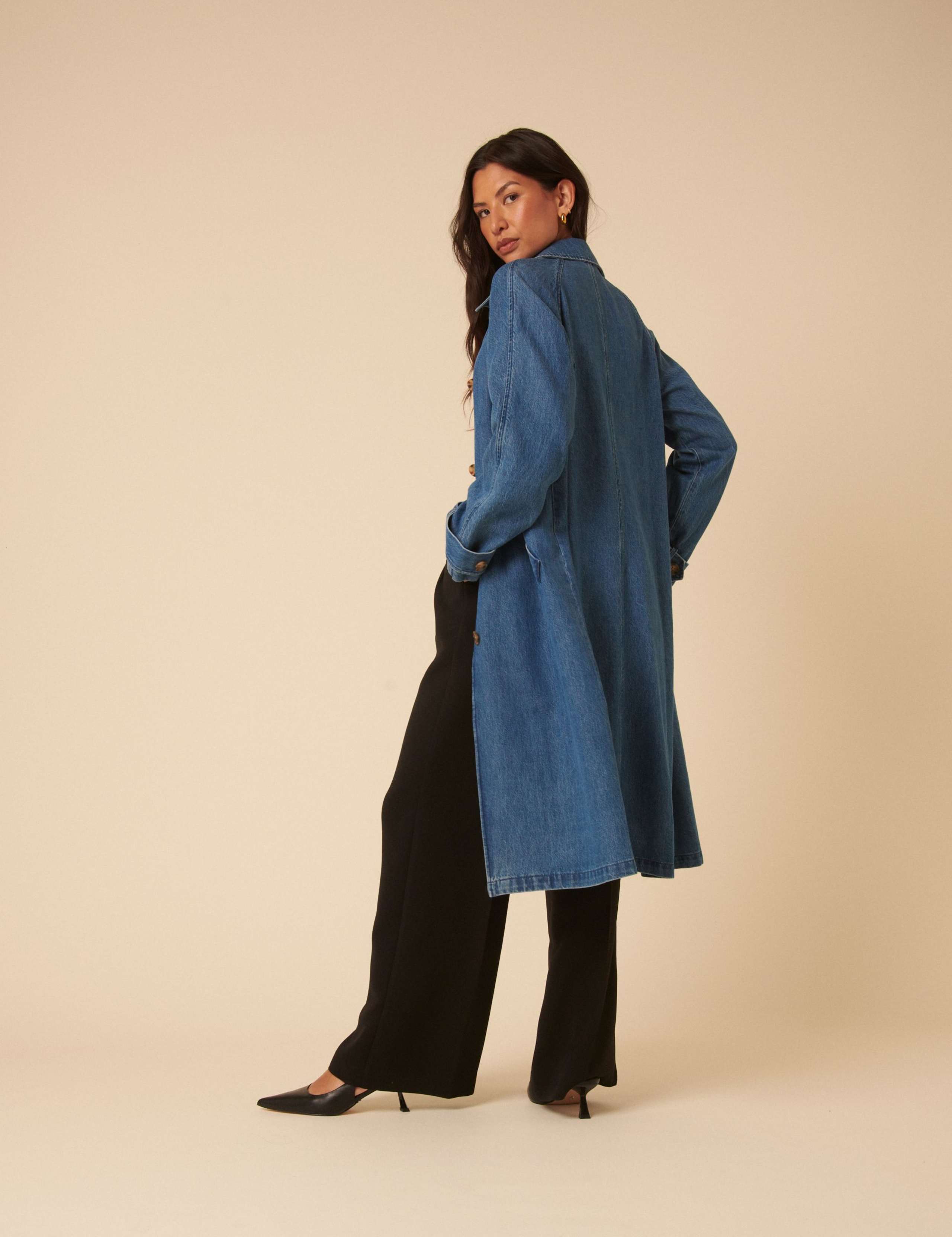 Denim Collared Longline Trench Coat 2 of 5