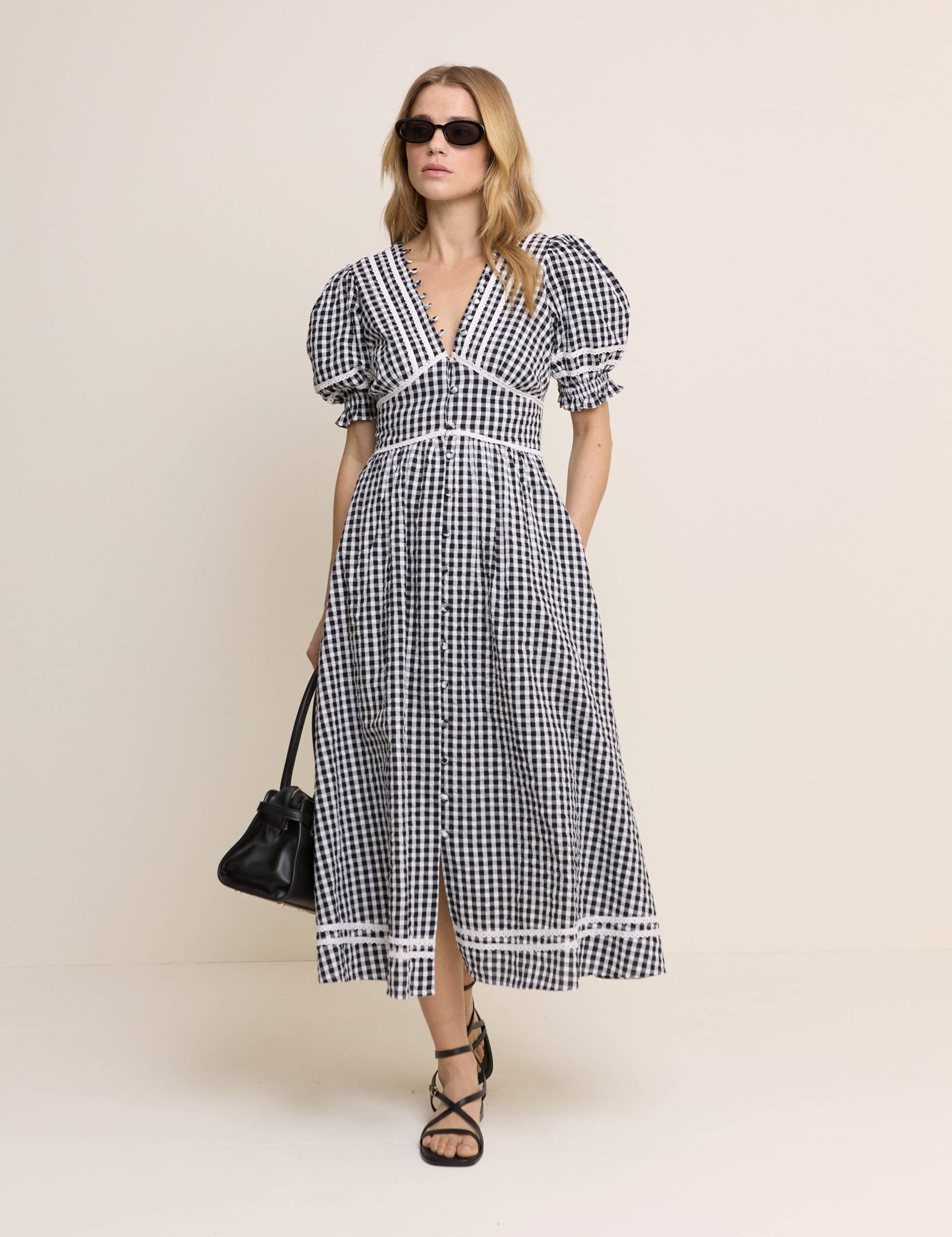 Pure Cotton Gingham V-Neck Midi Tea Dress 1 of 5