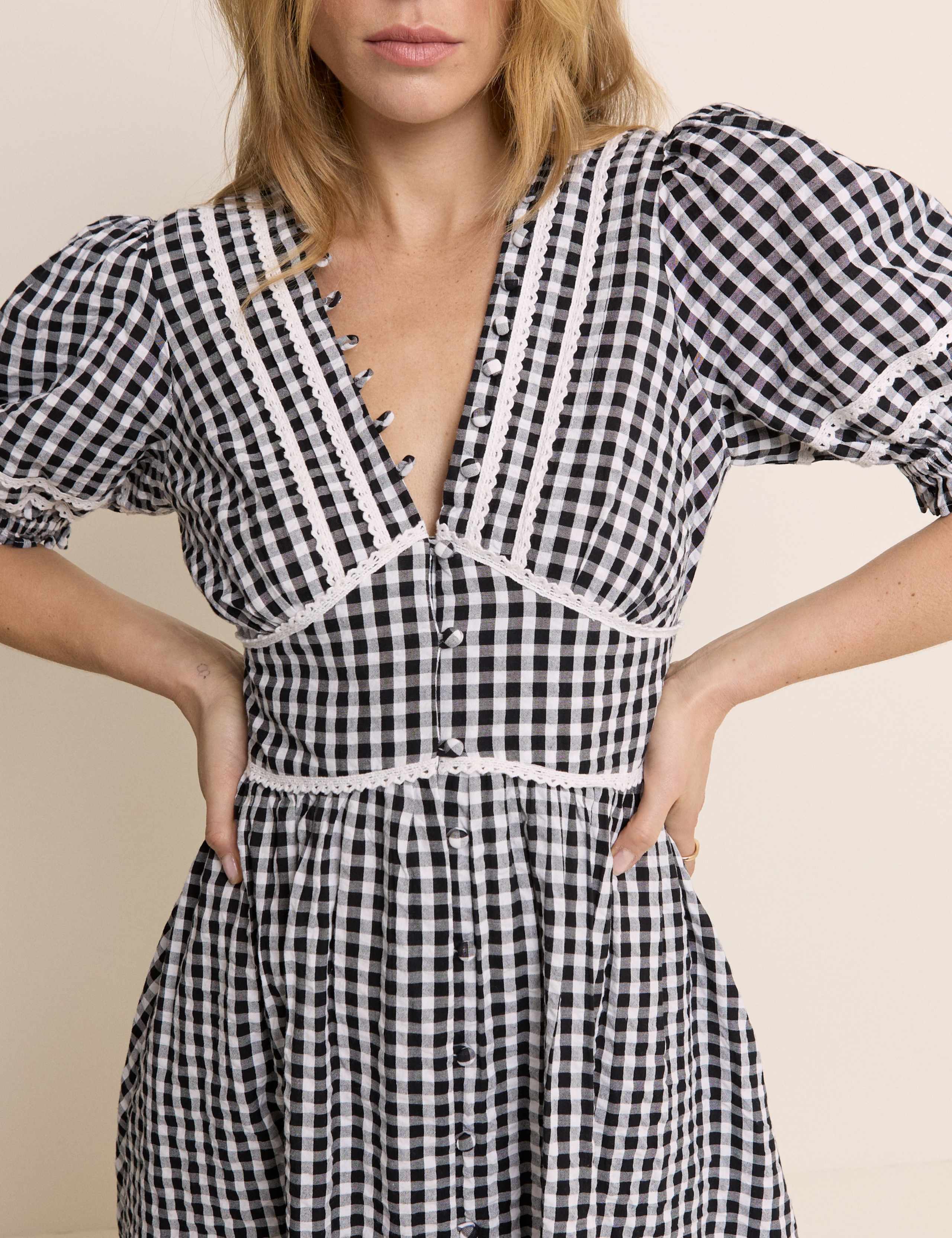 Pure Cotton Gingham V-Neck Midi Tea Dress 2 of 5