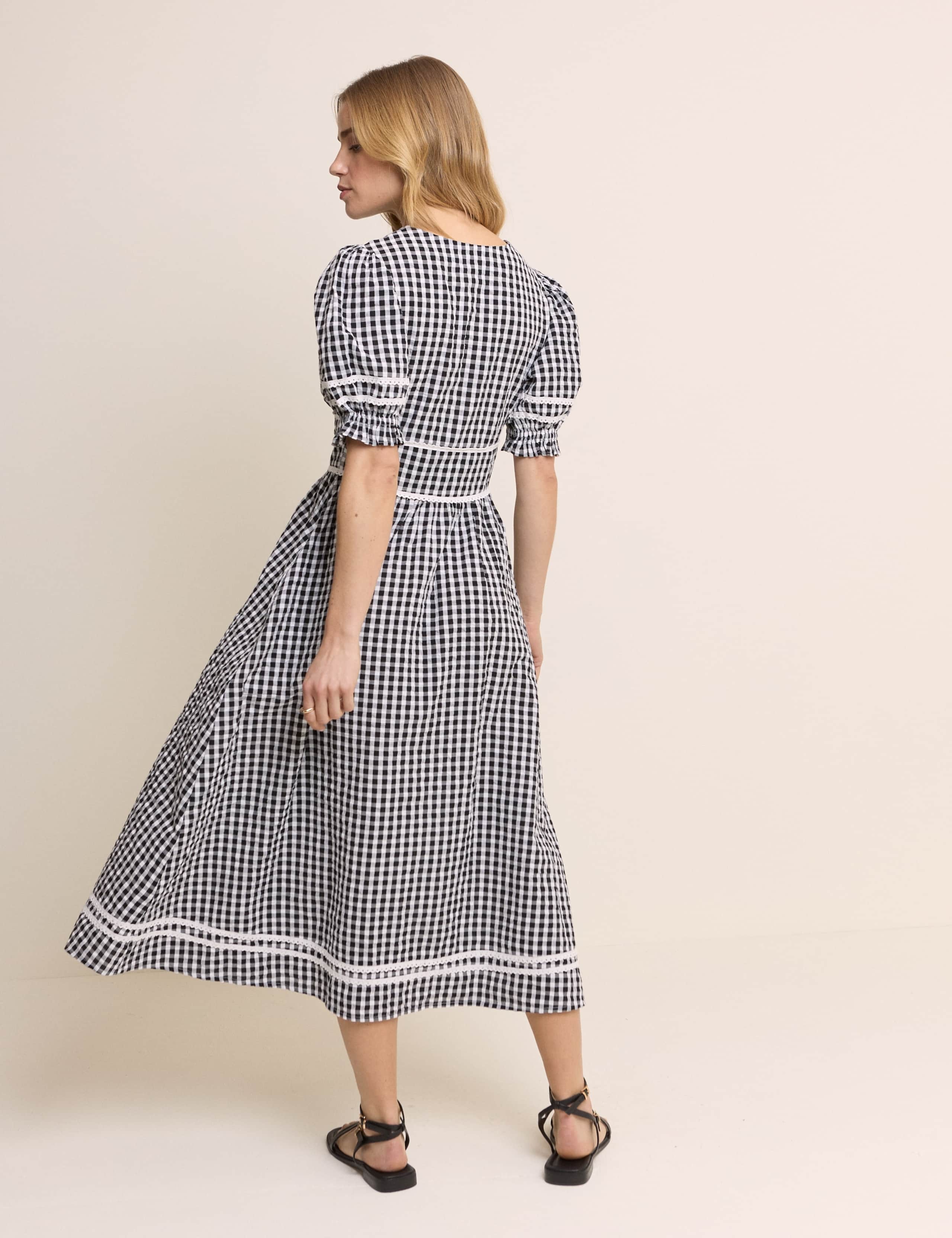 Pure Cotton Gingham V-Neck Midi Tea Dress 3 of 5