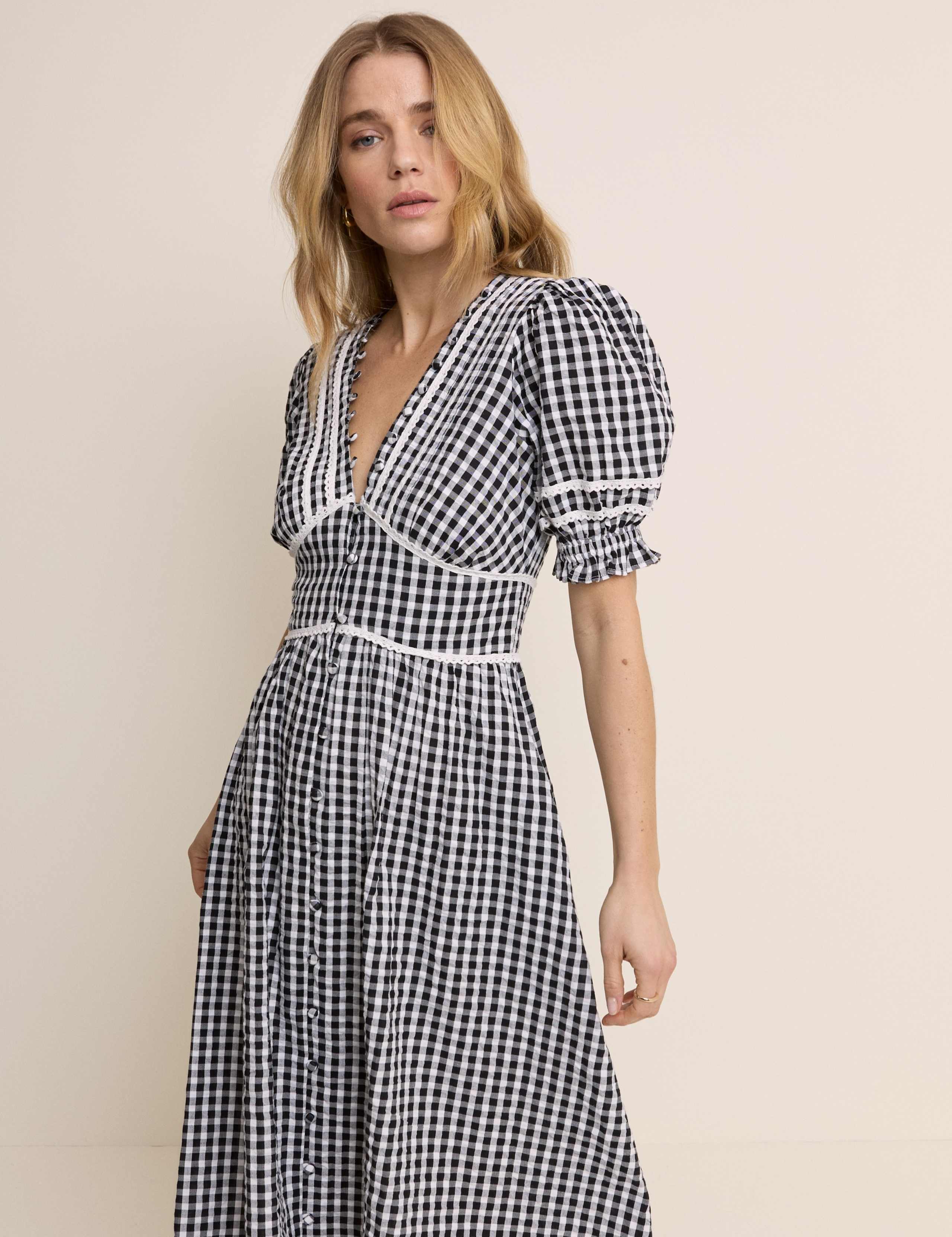 Pure Cotton Gingham V-Neck Midi Tea Dress 4 of 5
