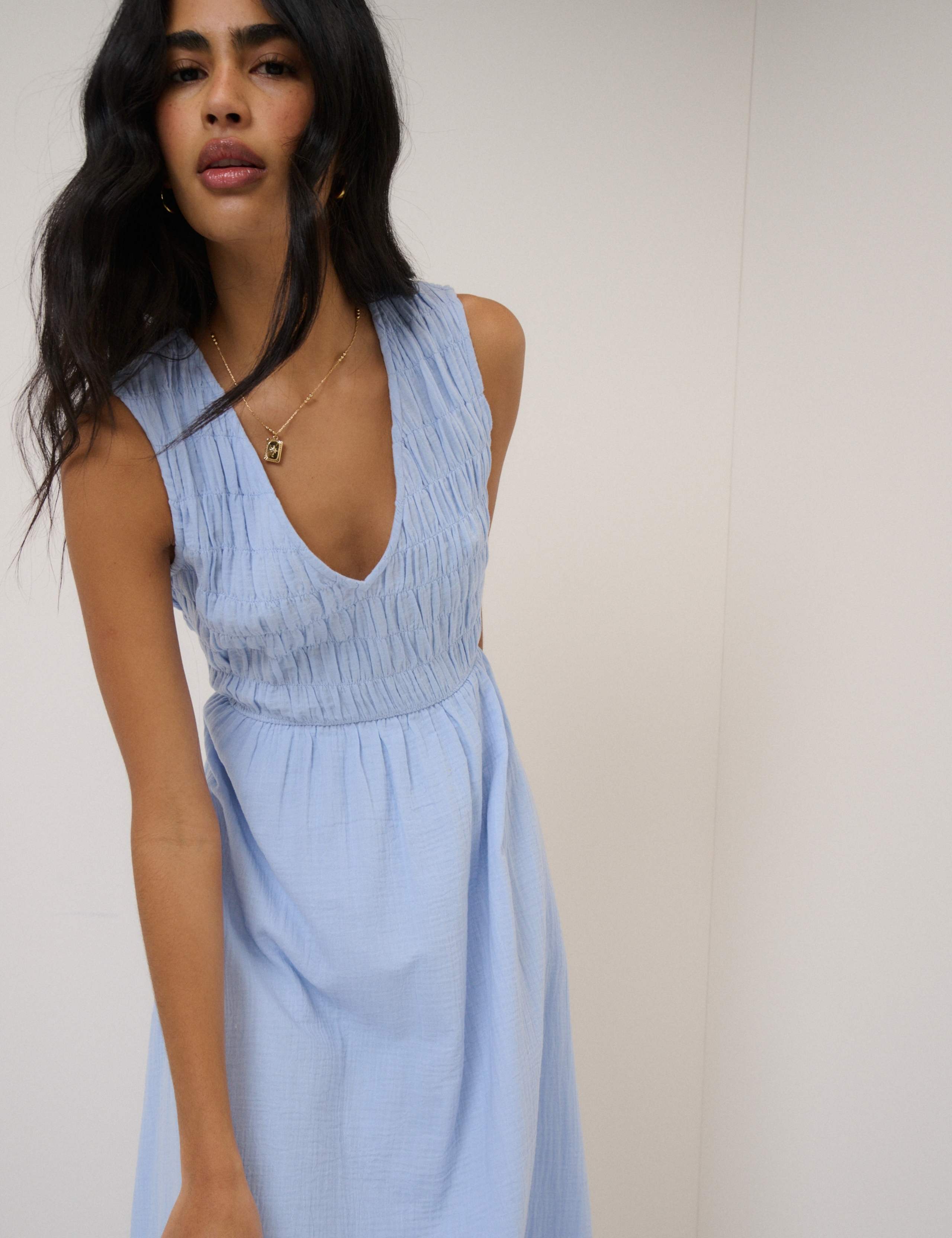 Pure Cotton V-Neck Midaxi Waisted Dress 3 of 5