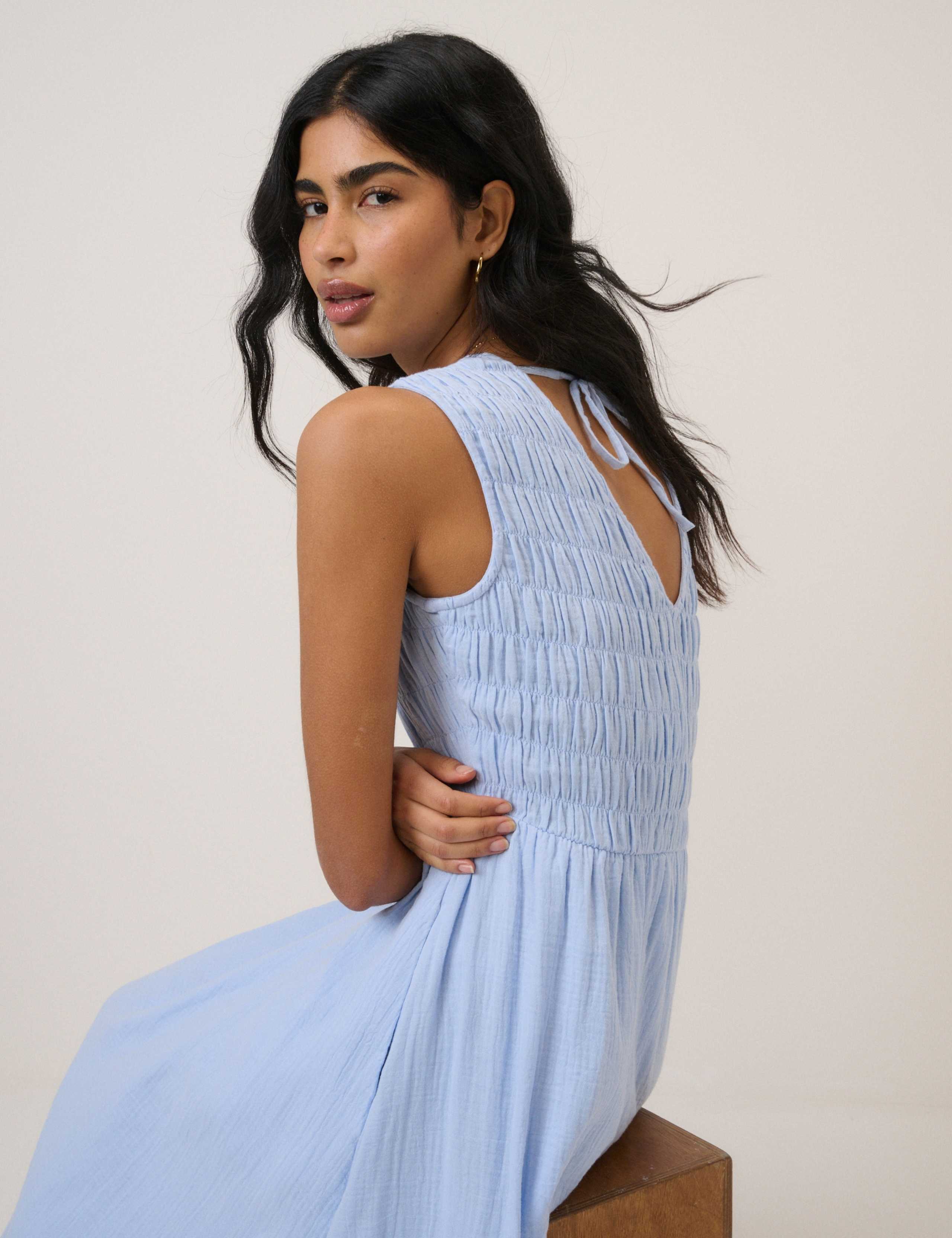 Pure Cotton V-Neck Midaxi Waisted Dress 4 of 5