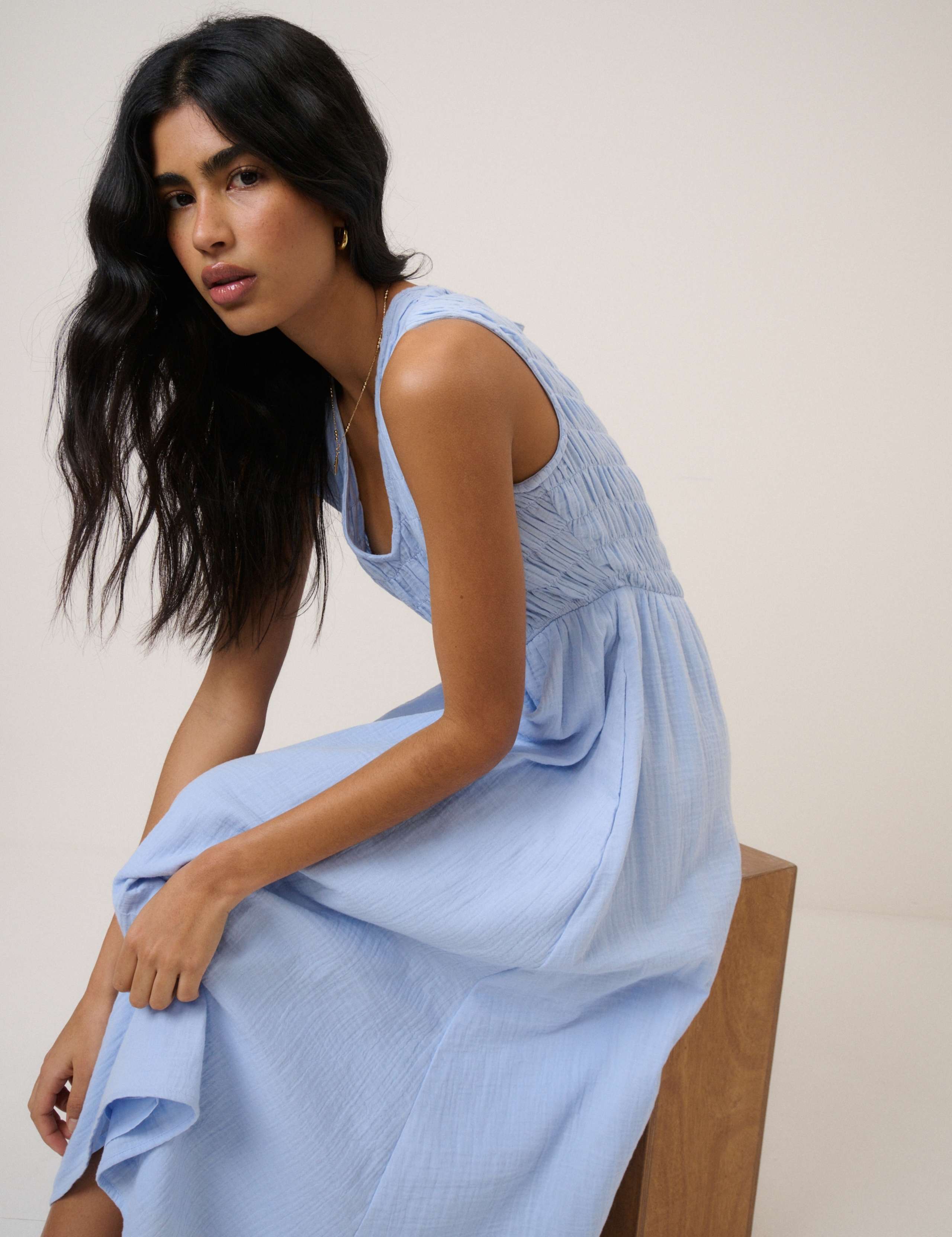 Pure Cotton V-Neck Midaxi Waisted Dress 5 of 5