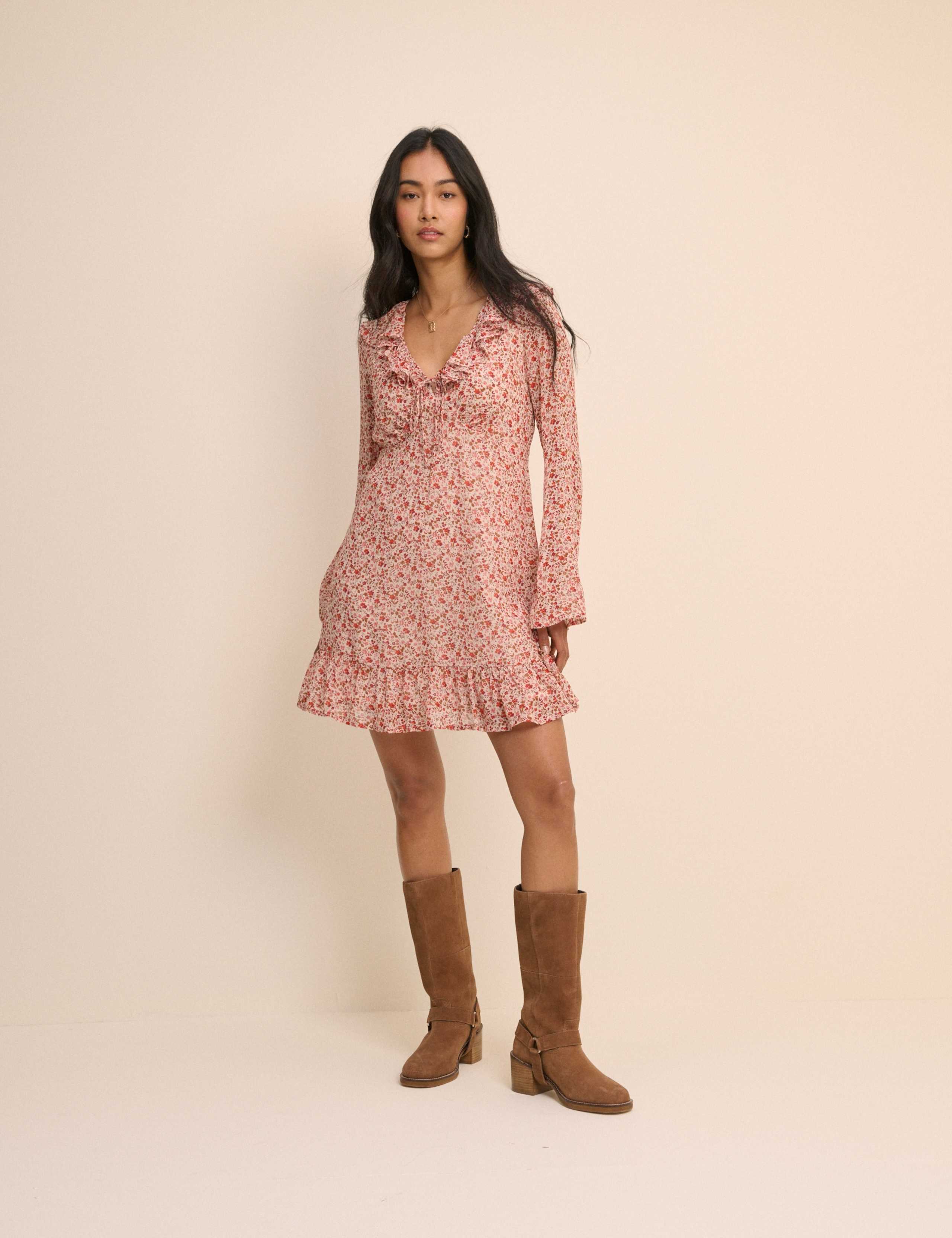Floral V-Neck Frill Detail Mini Smock Dress 1 of 4
