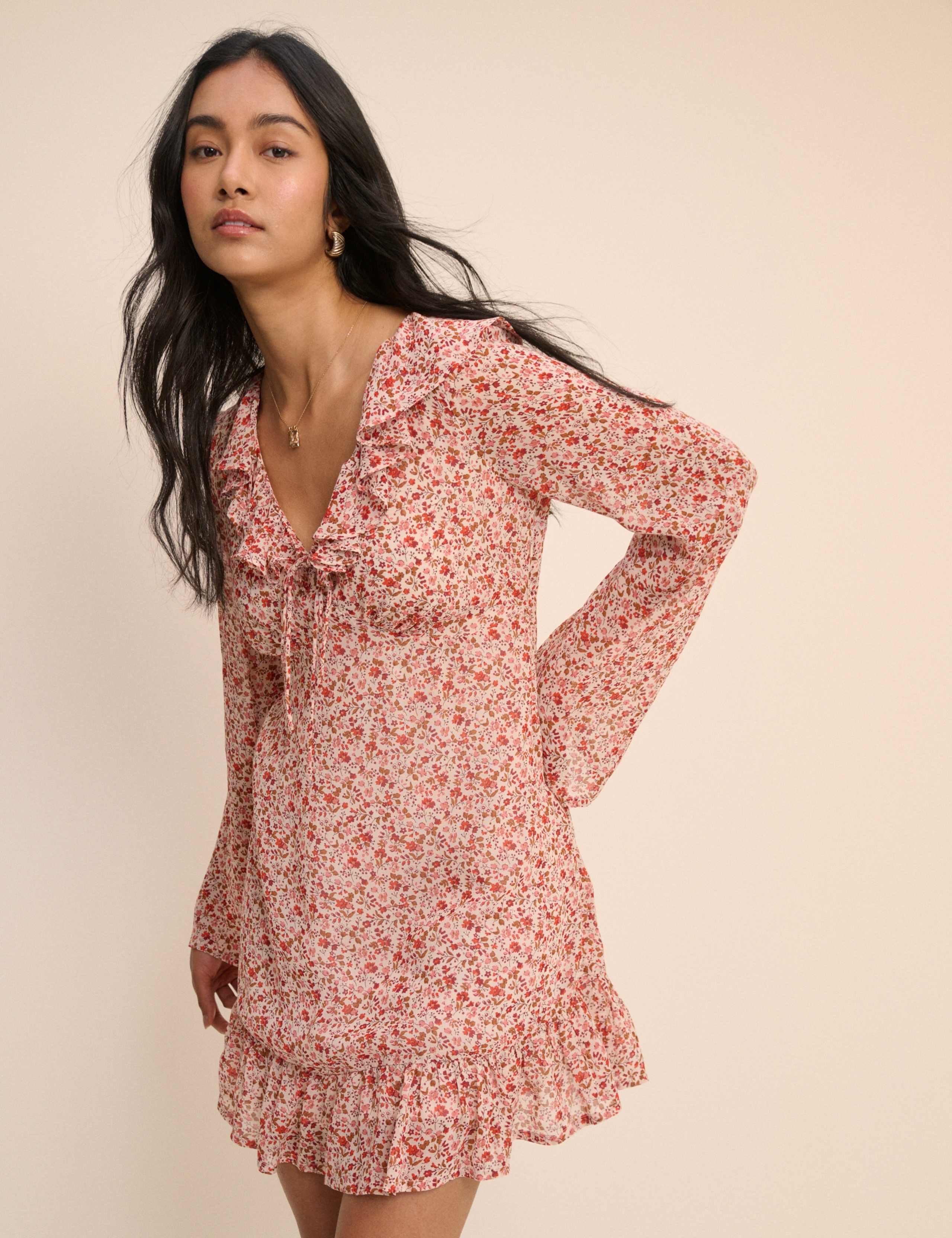 Floral V-Neck Frill Detail Mini Smock Dress 3 of 4