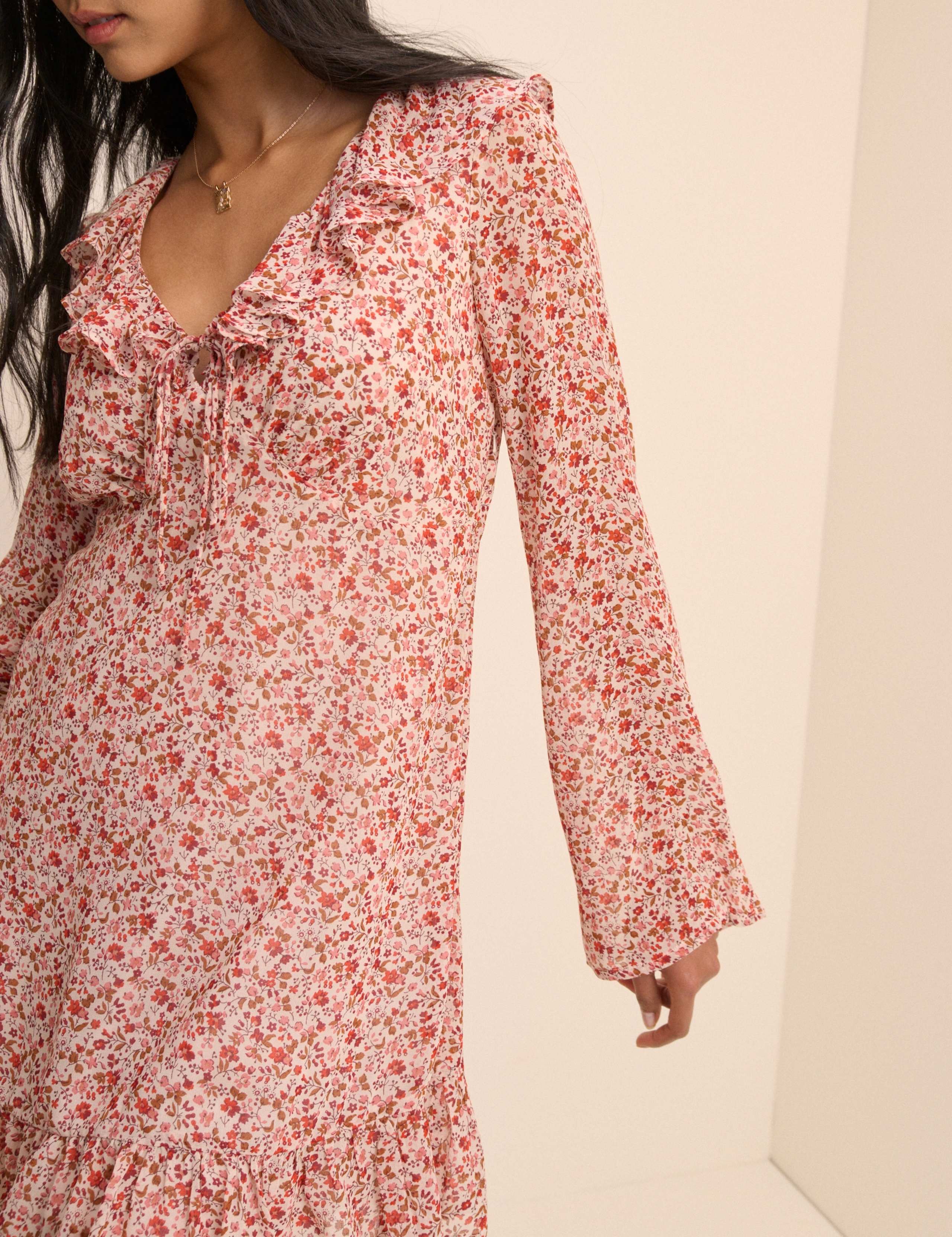 Floral V-Neck Frill Detail Mini Smock Dress 4 of 4