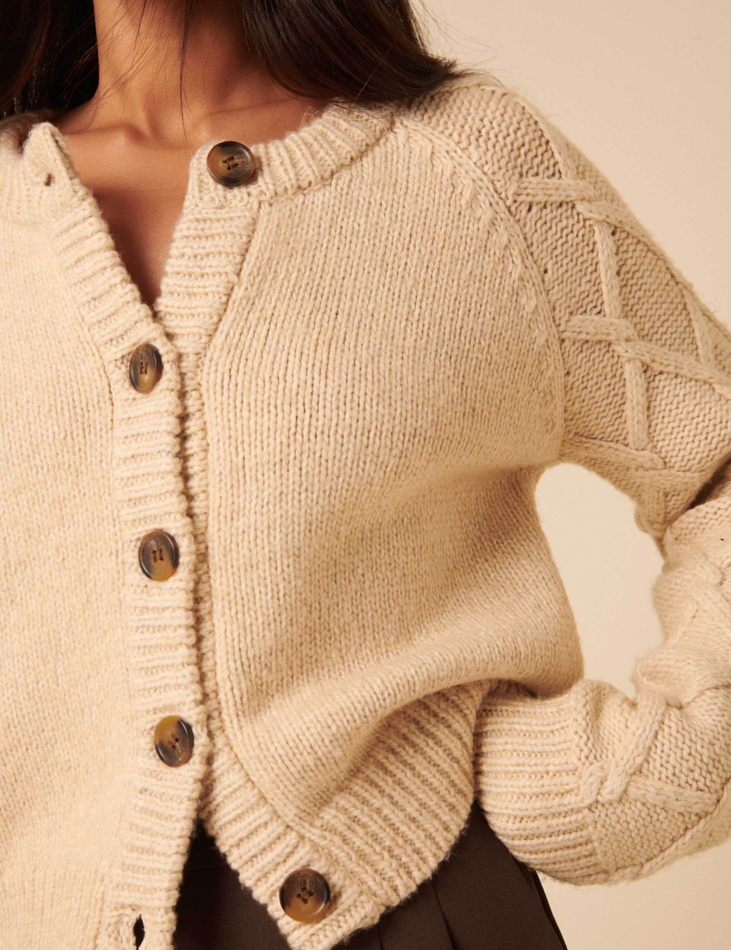 Cable Knit Crew Neck Relaxed Cardigan 3 of 5