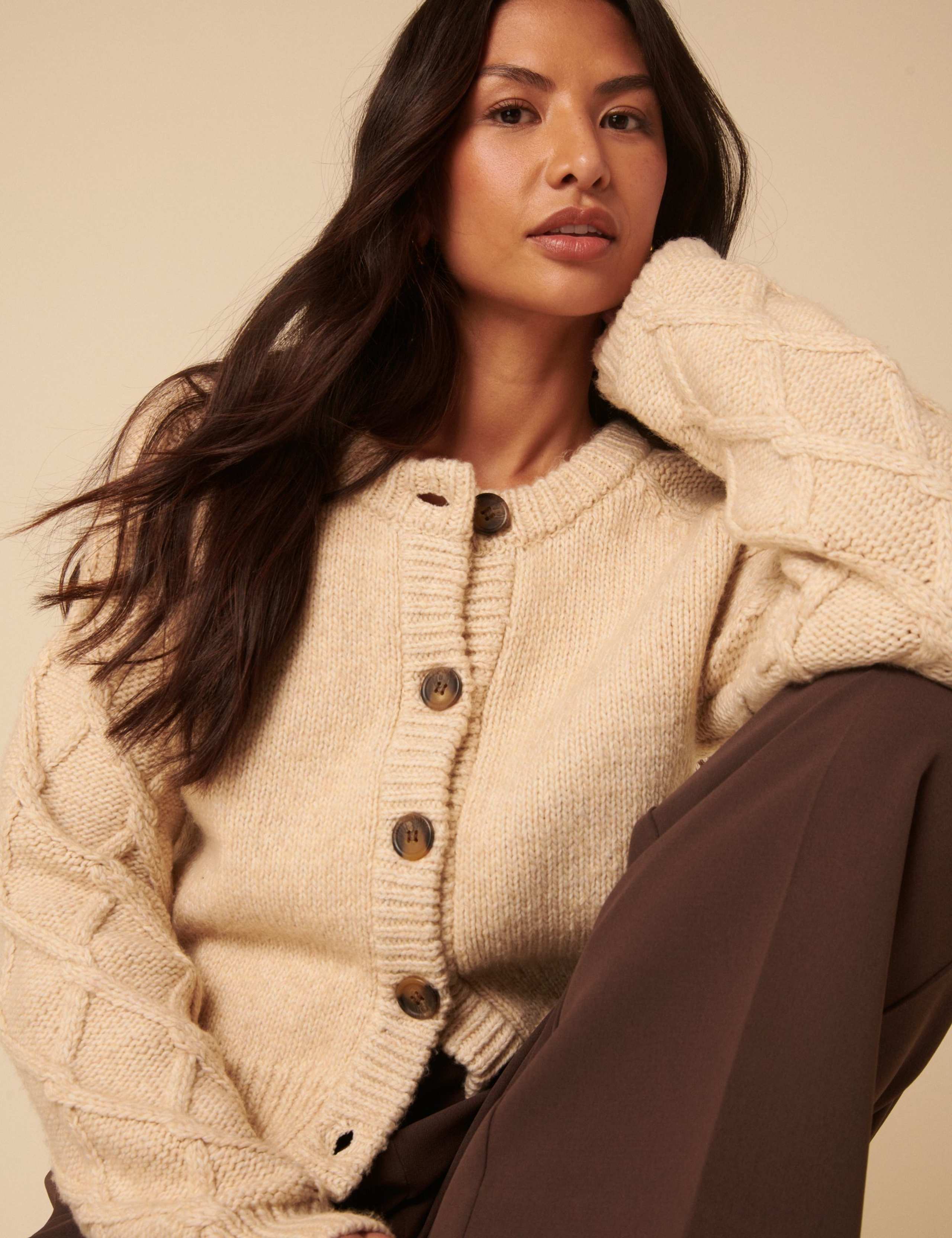 Cable Knit Crew Neck Relaxed Cardigan 4 of 5