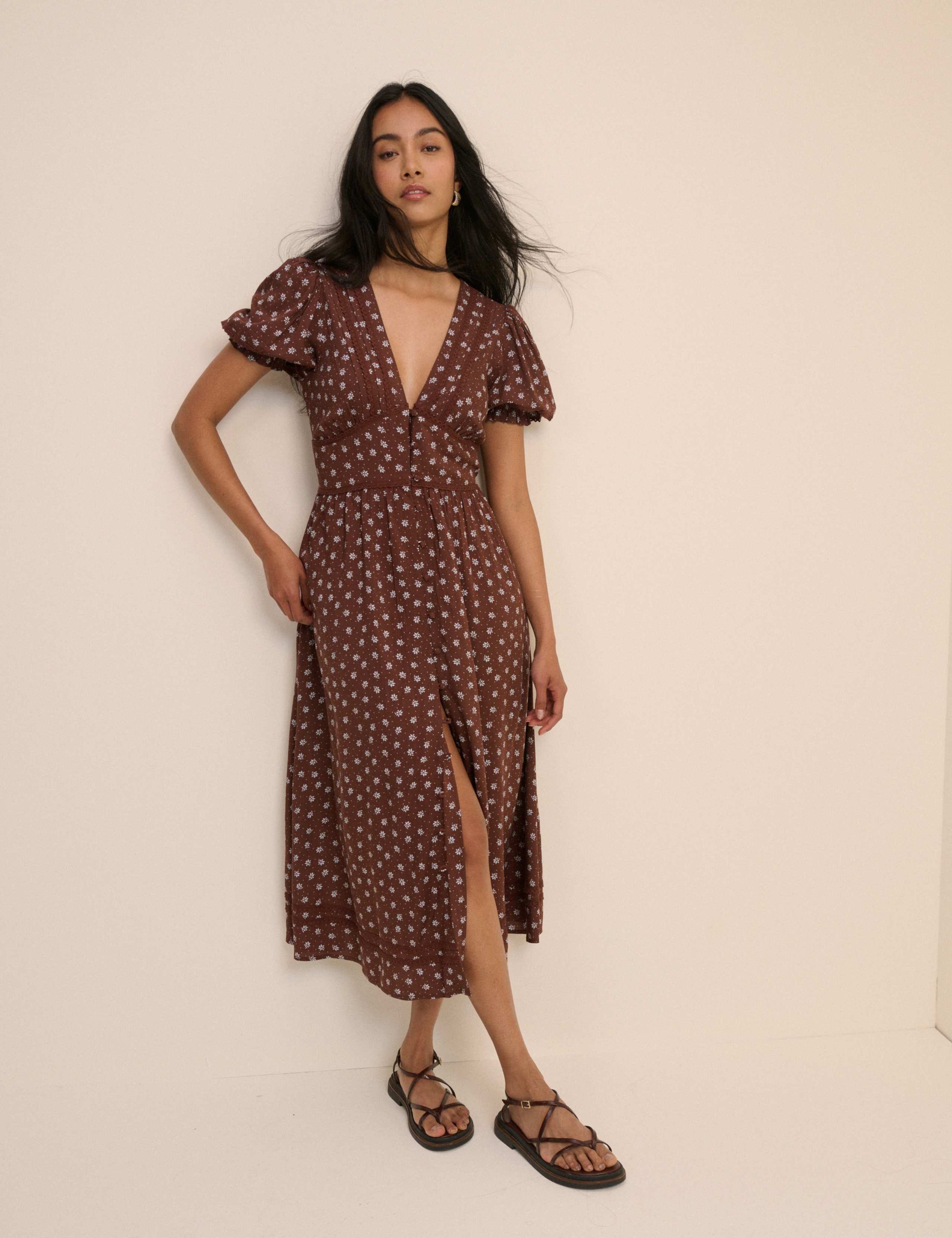 Floral V-Neck Button Front Midi Tea Dress 3 of 5